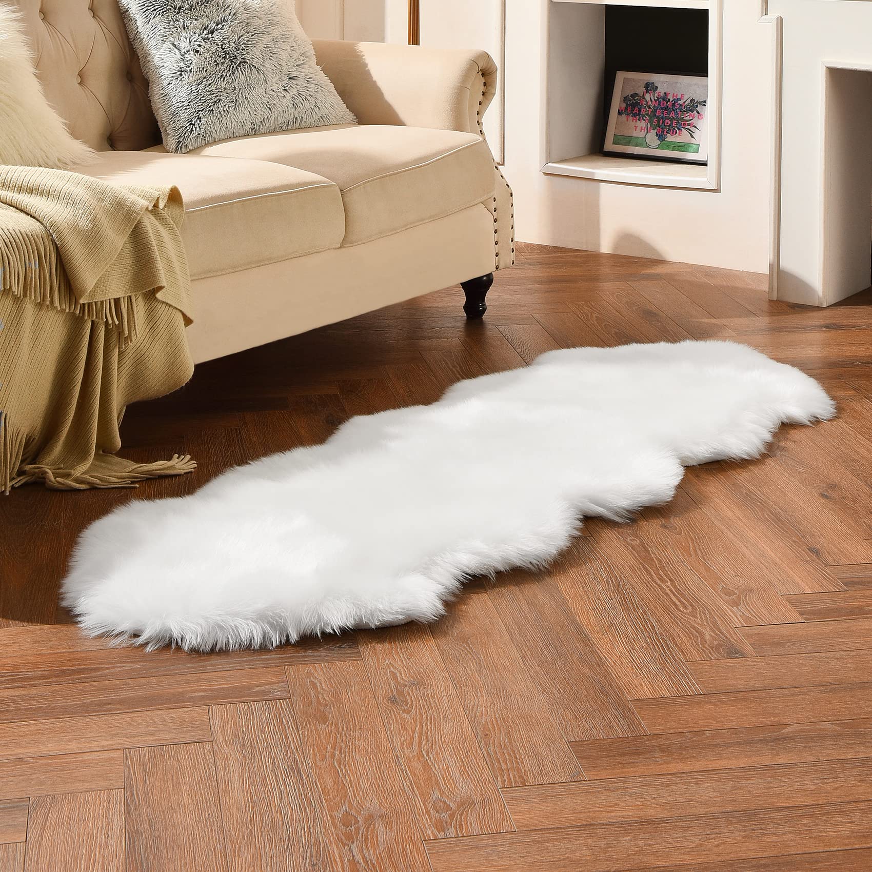 duduta White Faux Sheepskin Bedside Living Room Rugs 2 x 6 ft Fluffy Shag Couch Sofa Covers