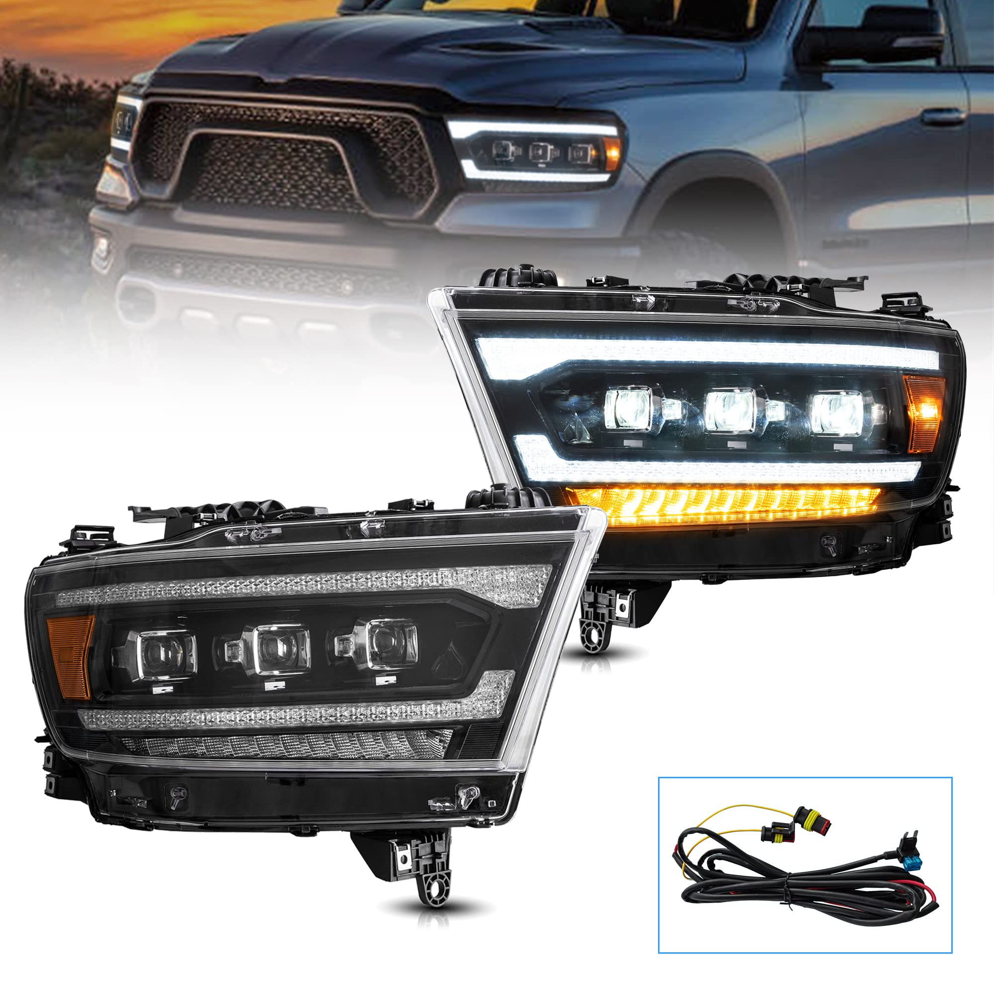 VLANDProjector Led Headlights Compatible with 2019-2024 Dodge Ram 1500 Tradesman, Bighorn, Laramie, Rebel, Lone Star w/Switchback Turn Signal w/Amber Reflector