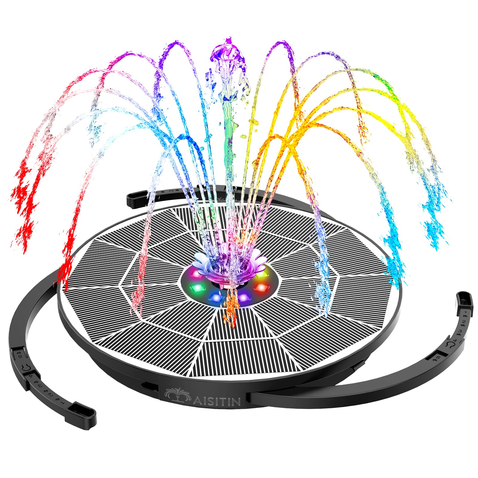 AISITIN Fuente Solar Jardin Exterior 3,5W LED con Soporte Ajustable, Fuente Solar Flotante con Batería Recargable, Diferentes Boquillas y Luz Multicolor para Piscina, Estanque Jardin, DIY