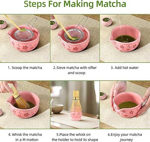 Miniatura 6 de Juego de batidor de matcha rosa, bonito kit de cerámica para matcha que incluye cuenco matcha, batidor de bambú y soporte, cucharada, tamiz y toalla