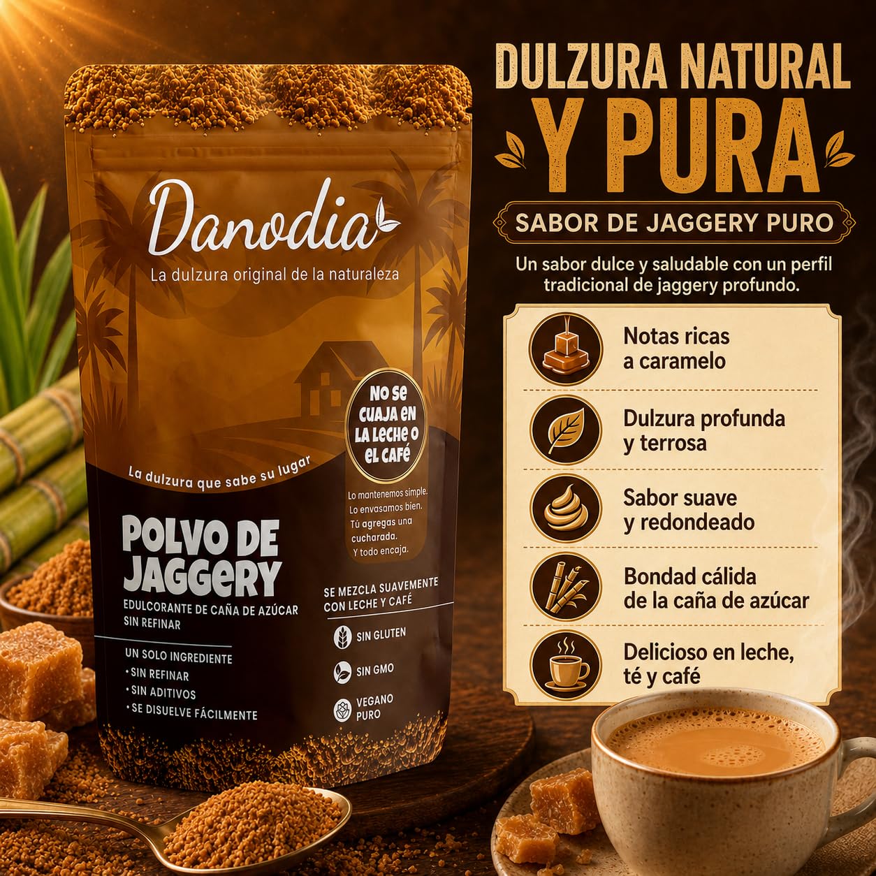 Danodia Foods Jaggery en Polvo 950 g / 2 lb, Endulzante Tradicional en Bolsa Resellable, Especialmente Formulado para Leche, Té, Café, Postres y Cocina Diaria