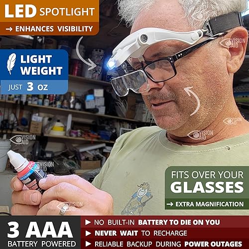 Vista 2 de Vision Aid - Lupas con luz para trabajo de cerca, lupa iluminada de diadema manos libres con estuche de almacenamiento para pasatiempo, pintura