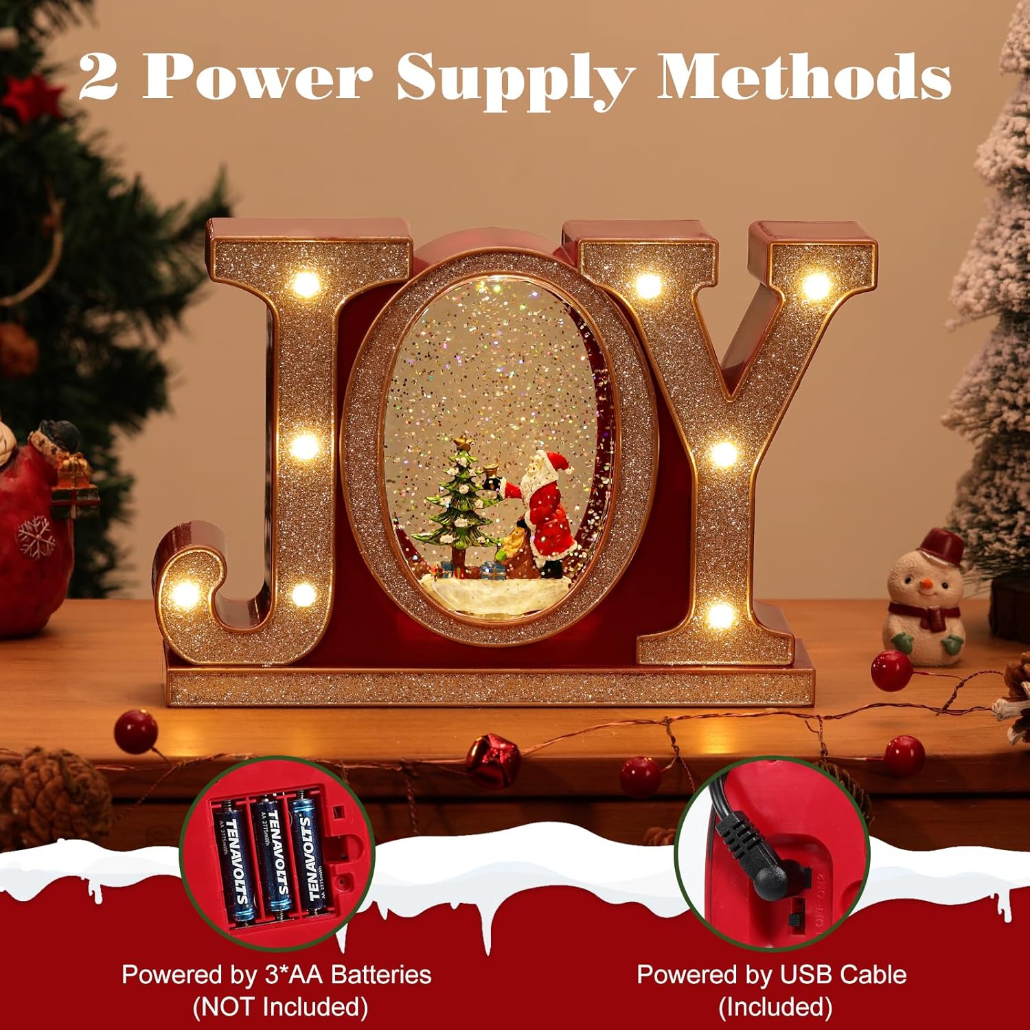 Christmas Snow Globes with Music and Light, Joy Crystal Ball with 8 Different Christmas-Themed Songs, 6 Hours Timer Function Snow Globe Powered by USB & Battery for Dining Table, Fireplace