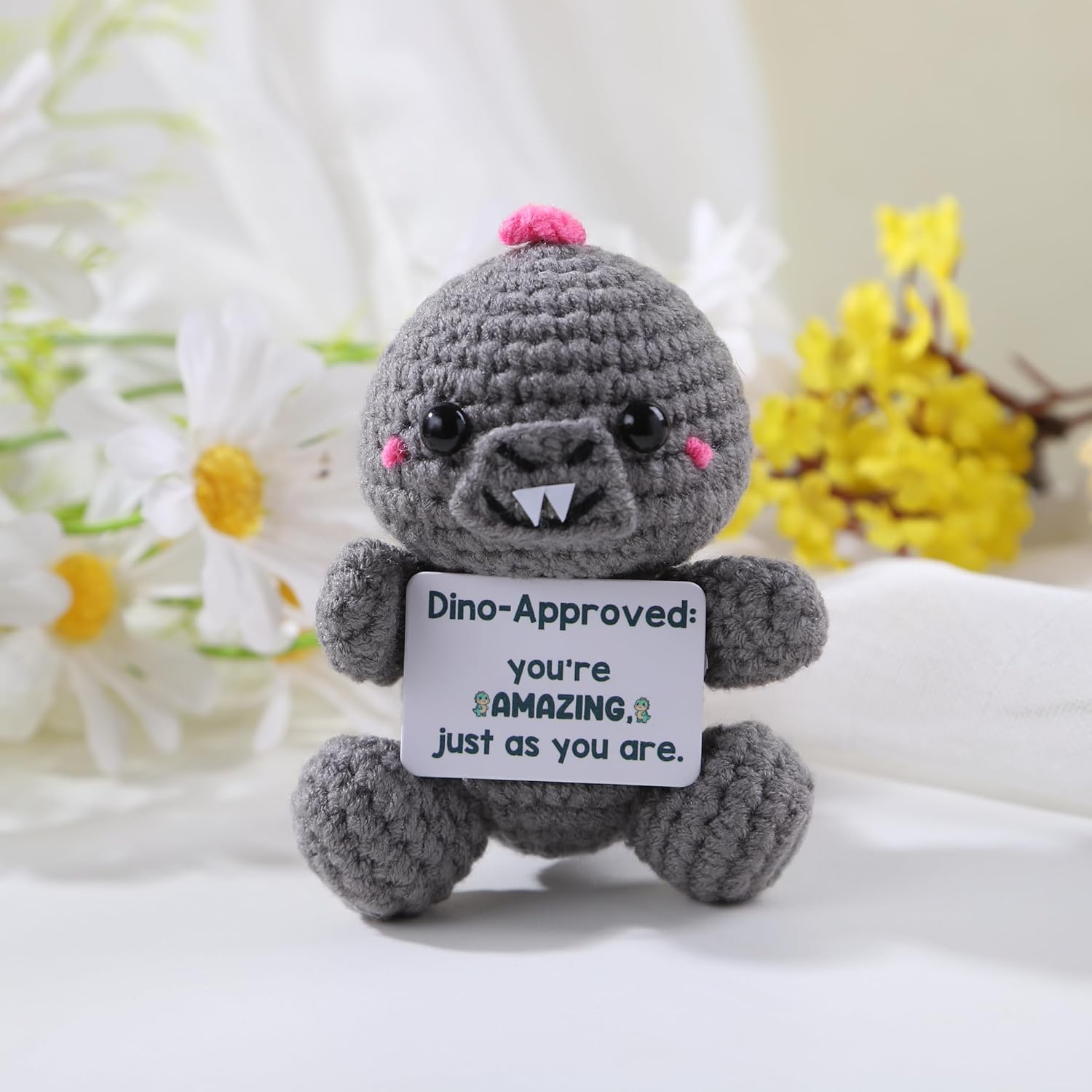 Cute Positive Dinosaur Crochet Gift for Women, Easter Basket Stuffers for Men Friends Birthday Gifts for Coworker Positive Crochet Animals Emotional Dinosaur Support Decor (Pink)