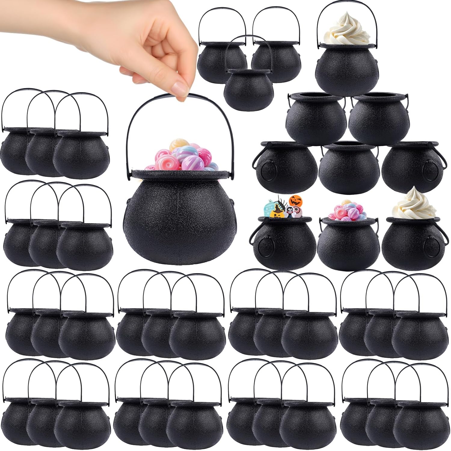 TOAPER 48 PCS Halloween Mini Cauldrons, Black Plastic Cauldron with Handle, Halloween Mini Cauldrons Party Favors, Candy Cauldron Kettles 48PCS witch cauldron