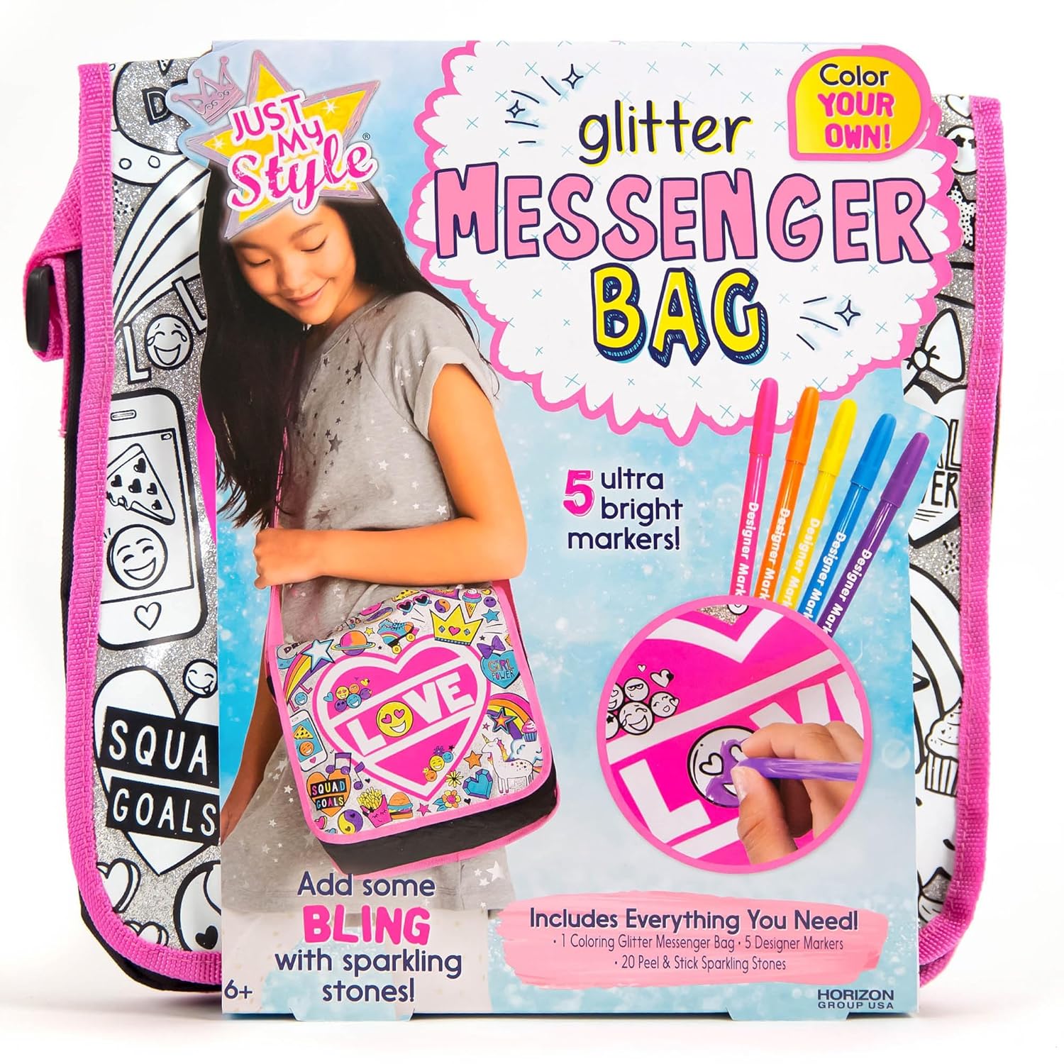Just My Style Color Your Own Glitter Messenger Bag Personalized Doodle Messenger Bag With Adjustable Strap Great for