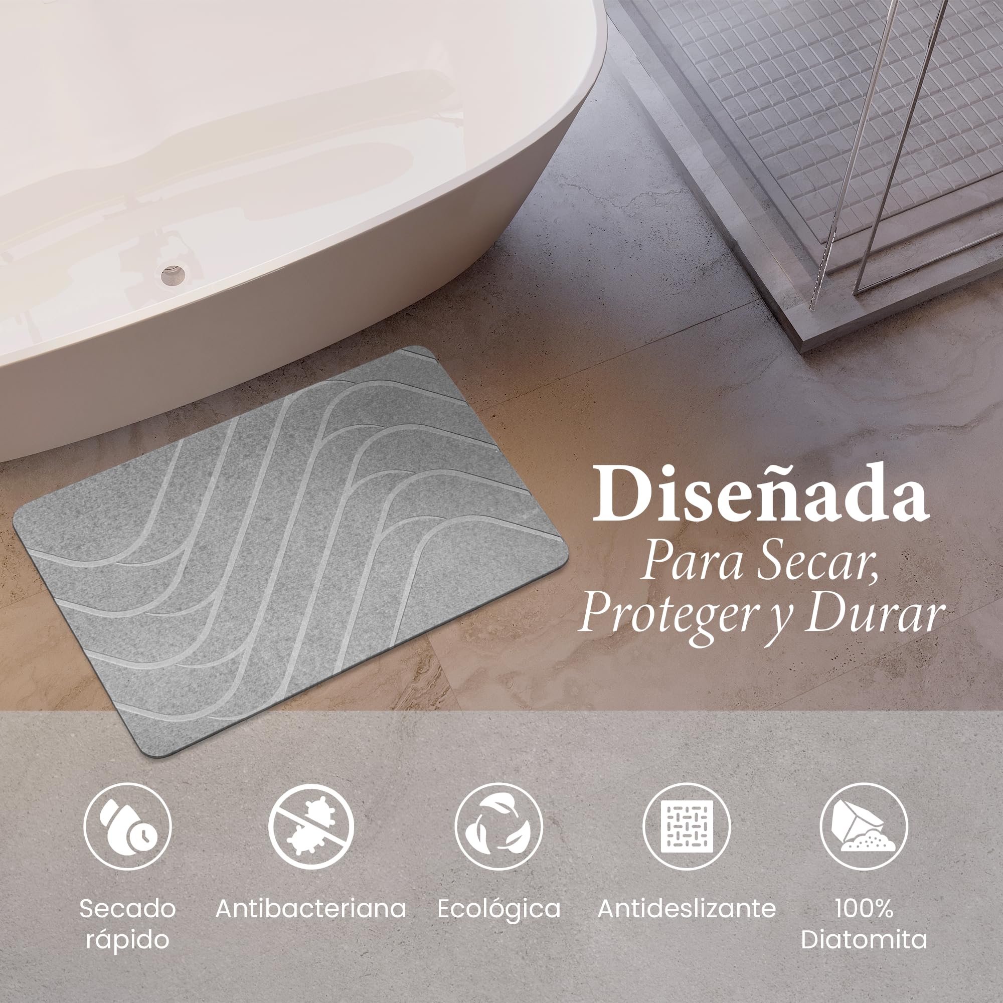 Alfombra Diatomita Baño 60×39 cm de Secado Rápido – Set con Accesorios, Alfombrilla Diatomita Antideslizante, Absorbente e Higiénica – Alfombra Baño Piedra Ideal para Ducha y Baño