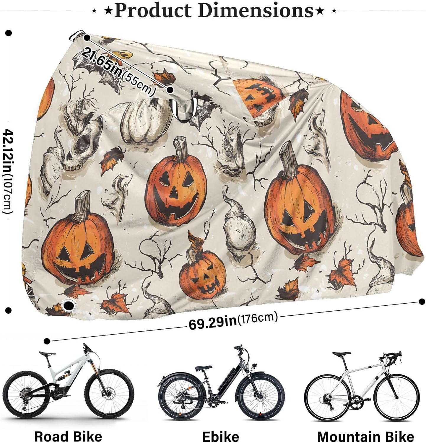 ALAZA Halloween Pumpkin Skull Bike Cover Waterproof Outdoor Ebike Bicycle Covers Tarp Protection for 1/2 Bikes, Sun UV Dust Wind Proof