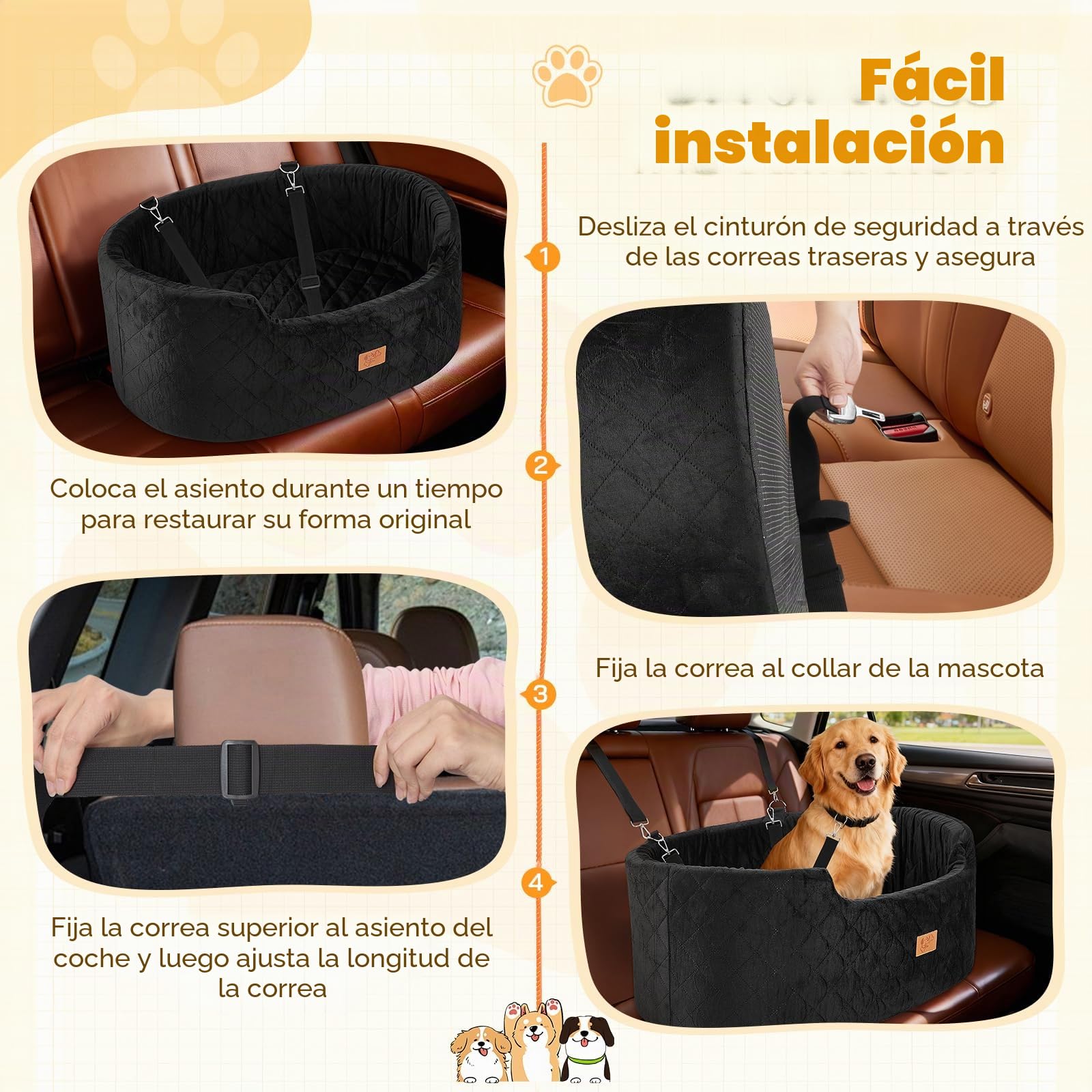 Asiento de Coche para Perros Medianos/Grandes, con Asiento Extraíble, Cuerda de Seguridad & Base Antideslizante y Funda Extraíble, Asiento de Coche para Perros (Redondos 78x52x36CM)