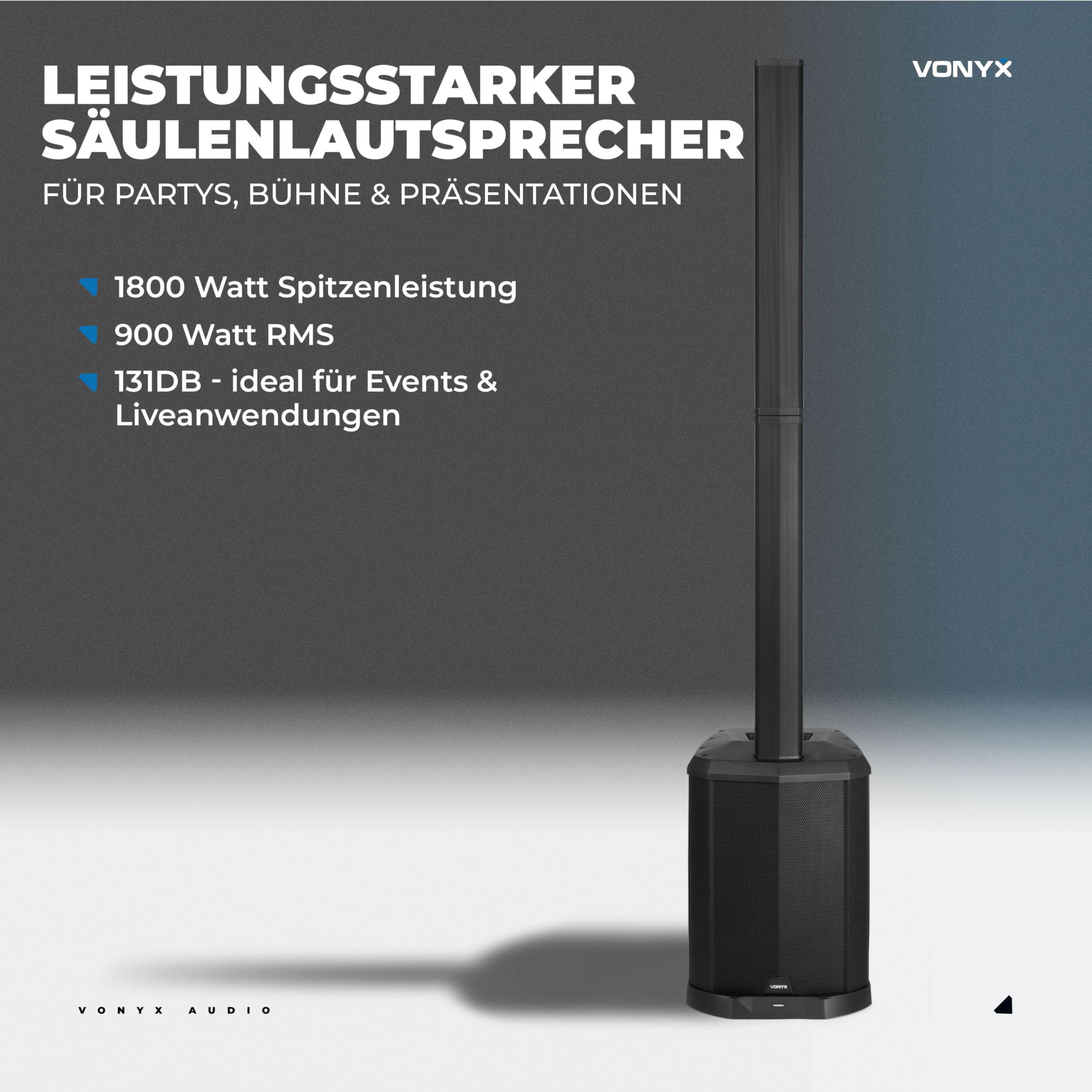 Vonyx VX822 Column Speaker System 2er Set PA Anlage Aktiv 1800 Watt Line Array Säulenlautsprecher 12 Zoll Subwoofer Bluetooth 5.0