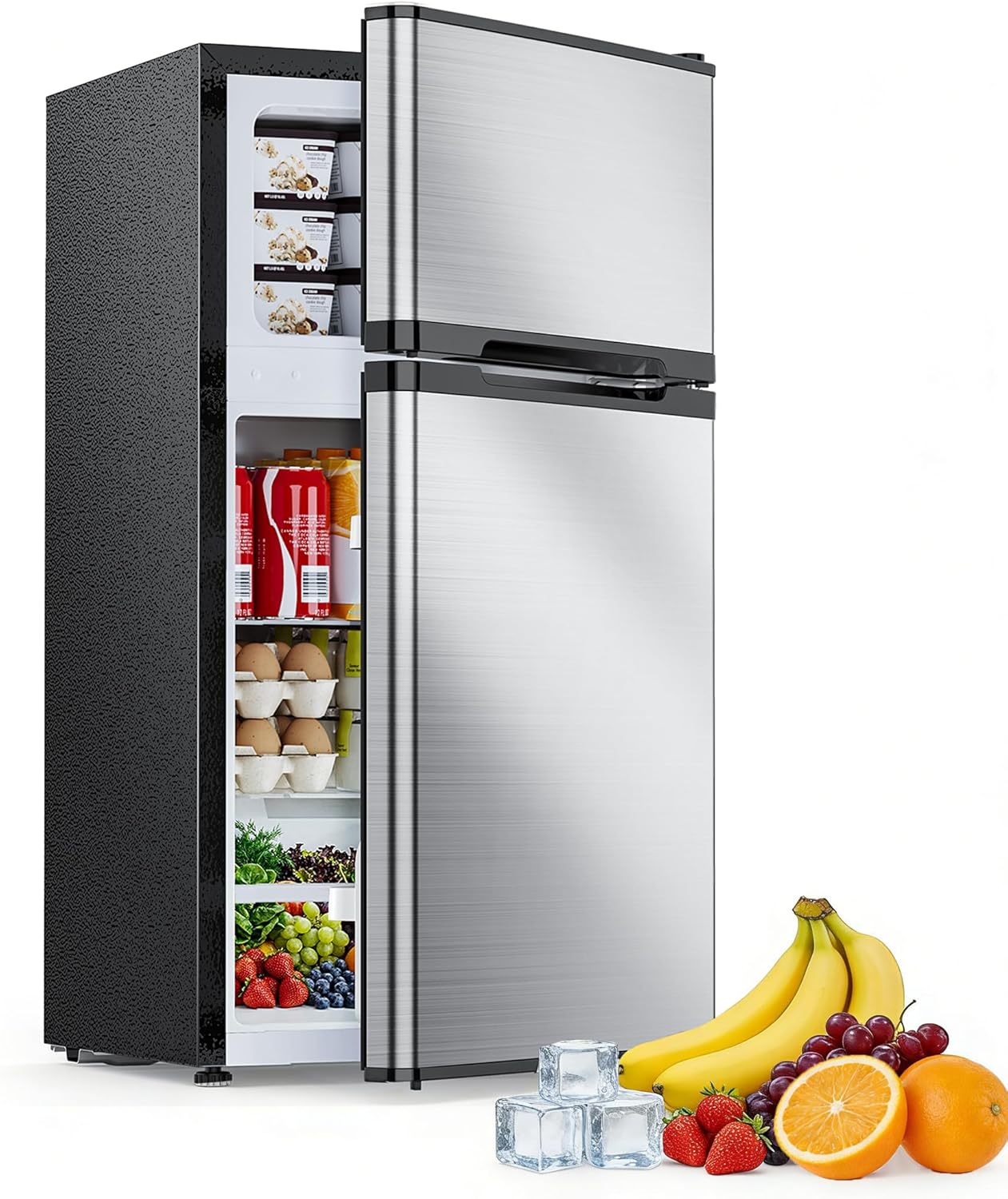 2.5 Cu.Ft Mini Fridge with Freezer, Double-Door Compact Refrigerator, Adjustable Glass Shelves, Mechanical Thermostat & Built-in Casters, Space-Saving for Apartment/Dorm/Office, Silver