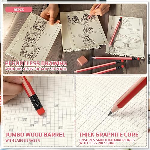 Miniatura 9 de 96 lápices jumbo, grandes, grasos, gruesos, de agarre triangular, 2B, repuesto con borrador, lápiz grande de 7 pulgadas para niños, principiantes,