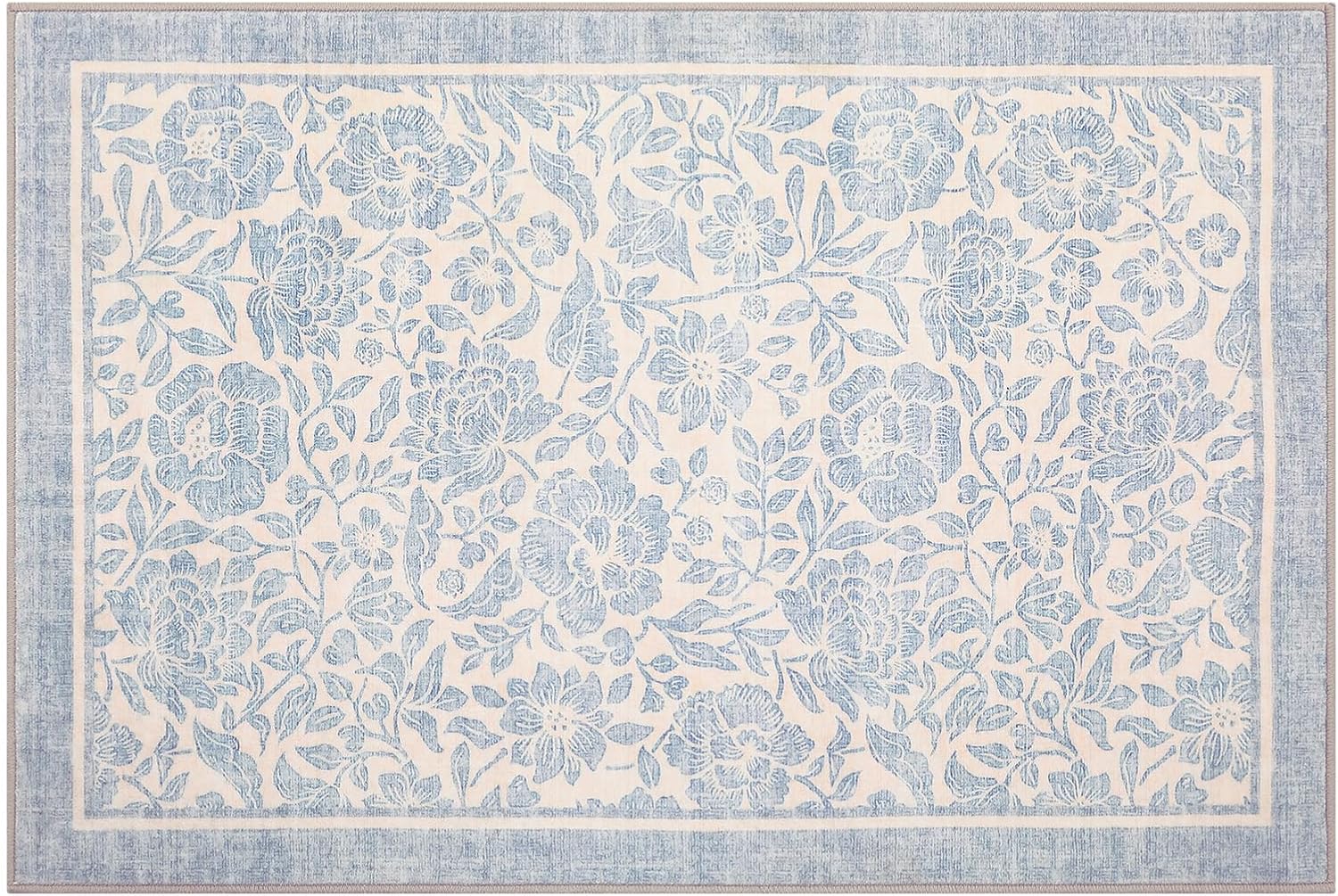 Garvee Blue Floral 2x3 Rug Washable Boho Non-Slip Throw Rugs for entryway Vintage Flower Soft Low Pile Door mat Indoor Entrance Girls Room Kids Room playroom Dorm