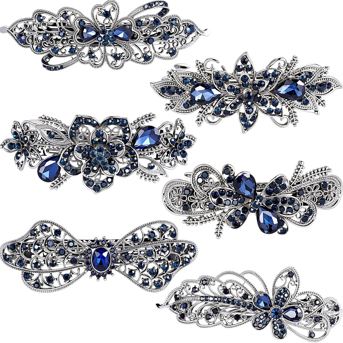 Geyoga 6 Pieces Vintage Hair Barrettes for Women Metal,Deep Style | Retro Rose Flower,Blue Crystal Rhinestones,French Hair Pins,Styling in Updos Buns