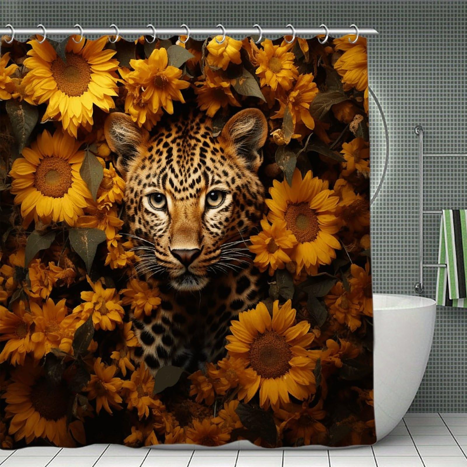 FekiLoot Leopard and Sunflower Shower Curtain Minimalist Aesthetic Bath Curtain with Hooks Simple Water Resistant Bathroom Shower Curtains Cute Blackout Privacy Curtains Cloth Curtain