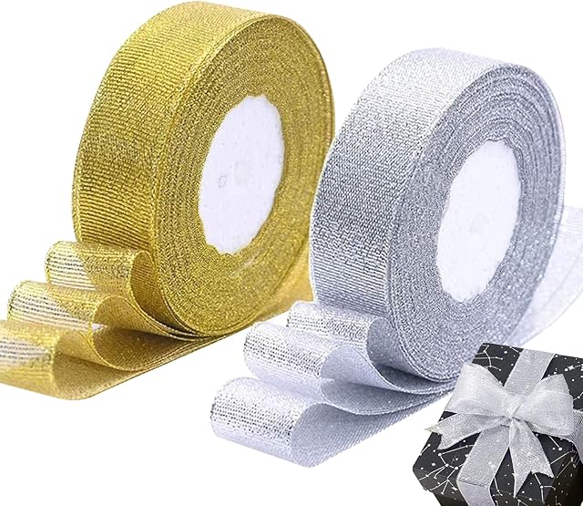 InJolly 2 Roll 50 Yards Wide Glitter Ribbon Organza Ribbon Gold Ribbon Christmas Ribbon Decorative Ribbon for Gift Wrapping, Making Bows and Wreaths(Gold, Sliver)