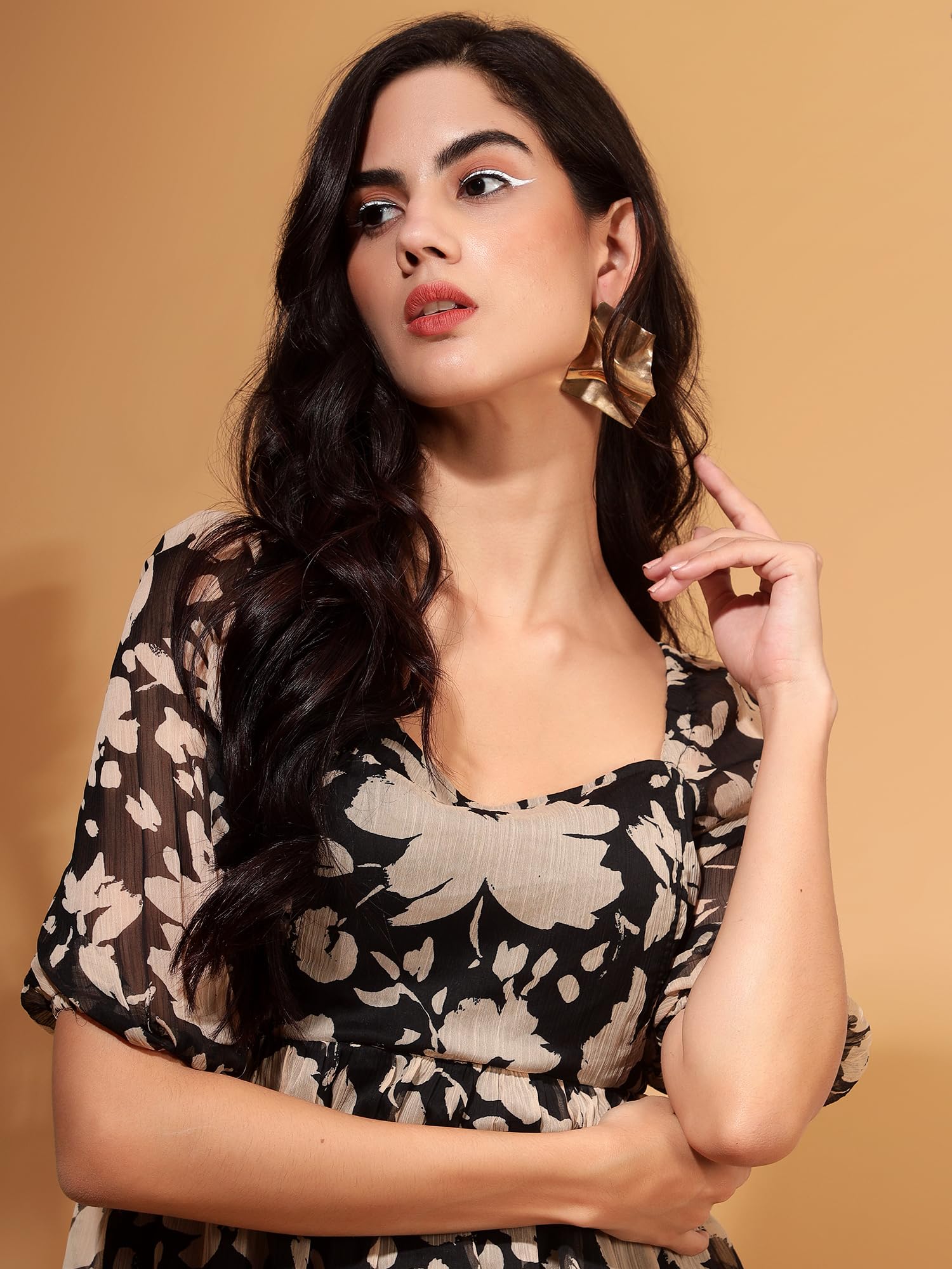 DRAPE AND DAZZLE Latest Stylish Printed Peplum Top with Elbow Sleeve and Back Smocking | Casual Wear Top for Women_DD-078-BLACK Multi_M 3