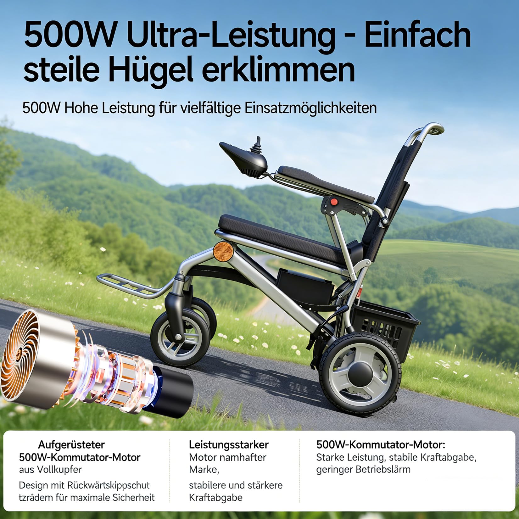 Elektrorollstuhl Faltbar Ultraleicht 13,8 kg – 500W Elektrischer Rollstuhl für Senioren Reise, mit Fernbedienung EABS-Bremse, bis 150 kg, 25 km (15Ah) / 35 km (20Ah) Reichweite (20Ah)
