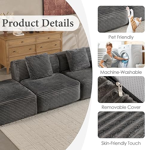 Miniatura 7 de VKLIVING Sofá modular Cloud de 113 pulgadas, sofá modular sin hueso de 61.6 pulgadas de profundidad con reposabrazos anchos, sofá de espuma