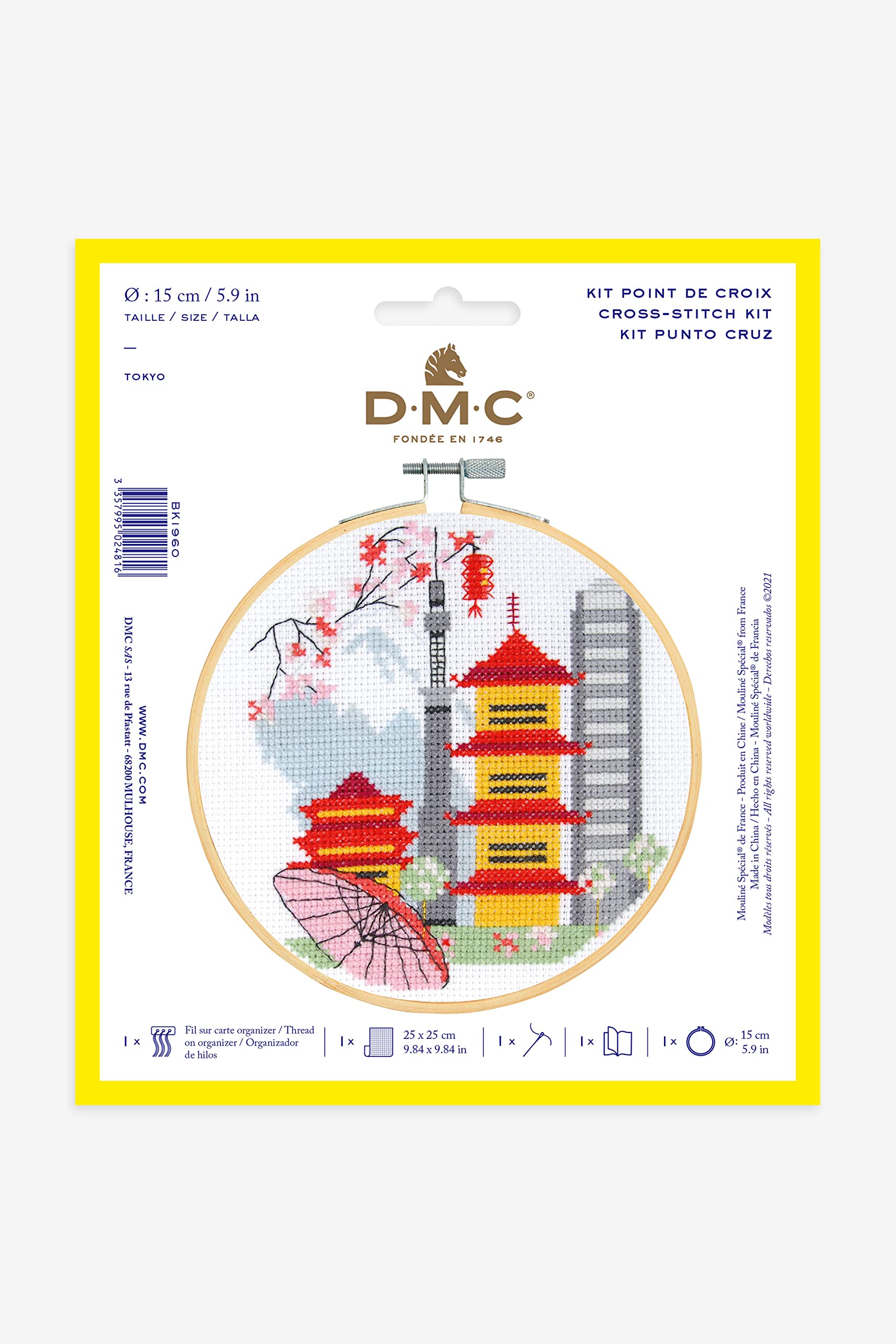 Kit Point De Croix DMC Tokyo - Tambour 15cm + Toile Aïda + Fils - Niveau Intermédiaire - Loisir Créatif