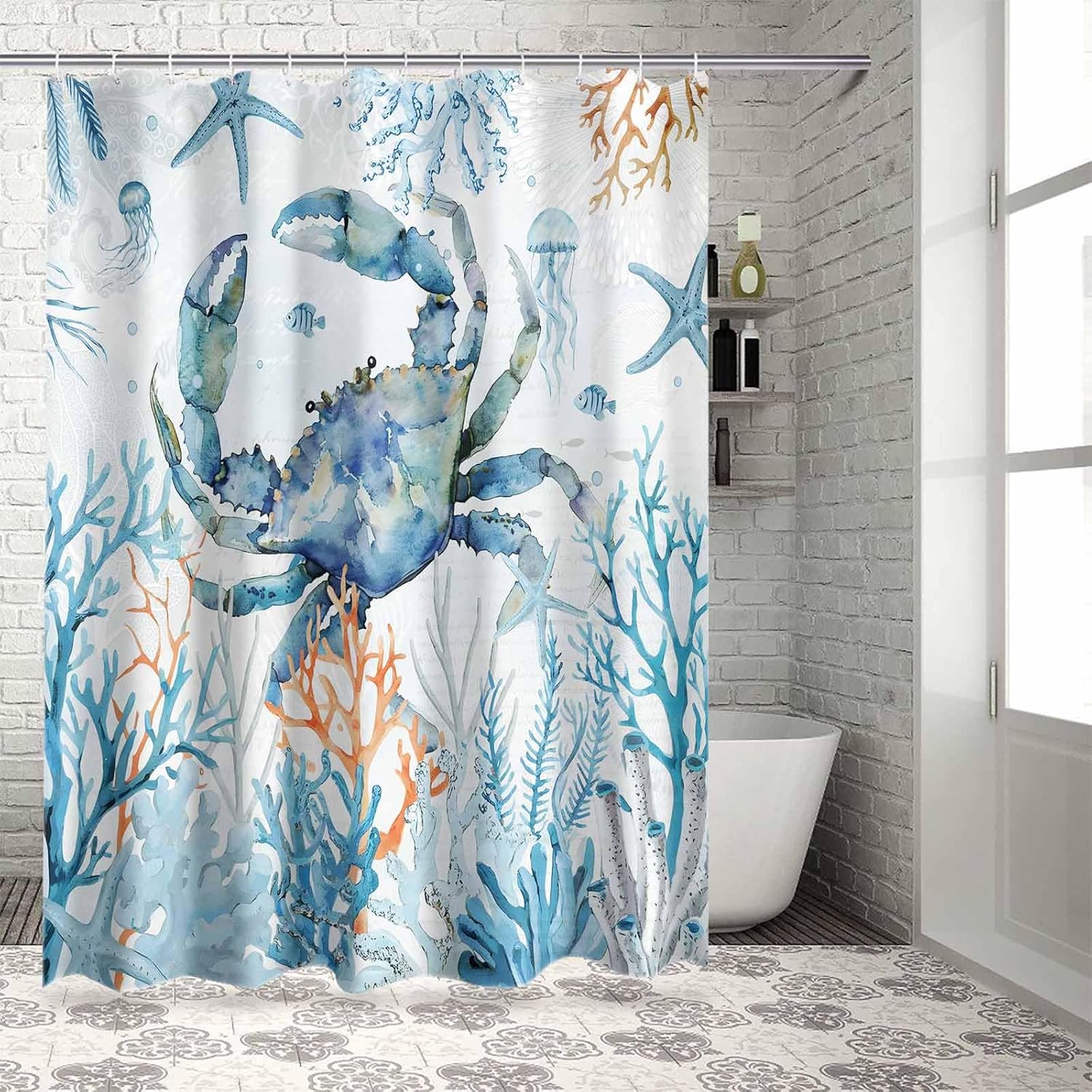 Blue Crab Coastal Waterproof Shower Curtains Set - Standard 72 x 72 Inch, Ocean Life Nautical Coral Polyester Fabric Bathroom Curtain with 12 Hooks, Bathroom Accessories, 1 Panel
