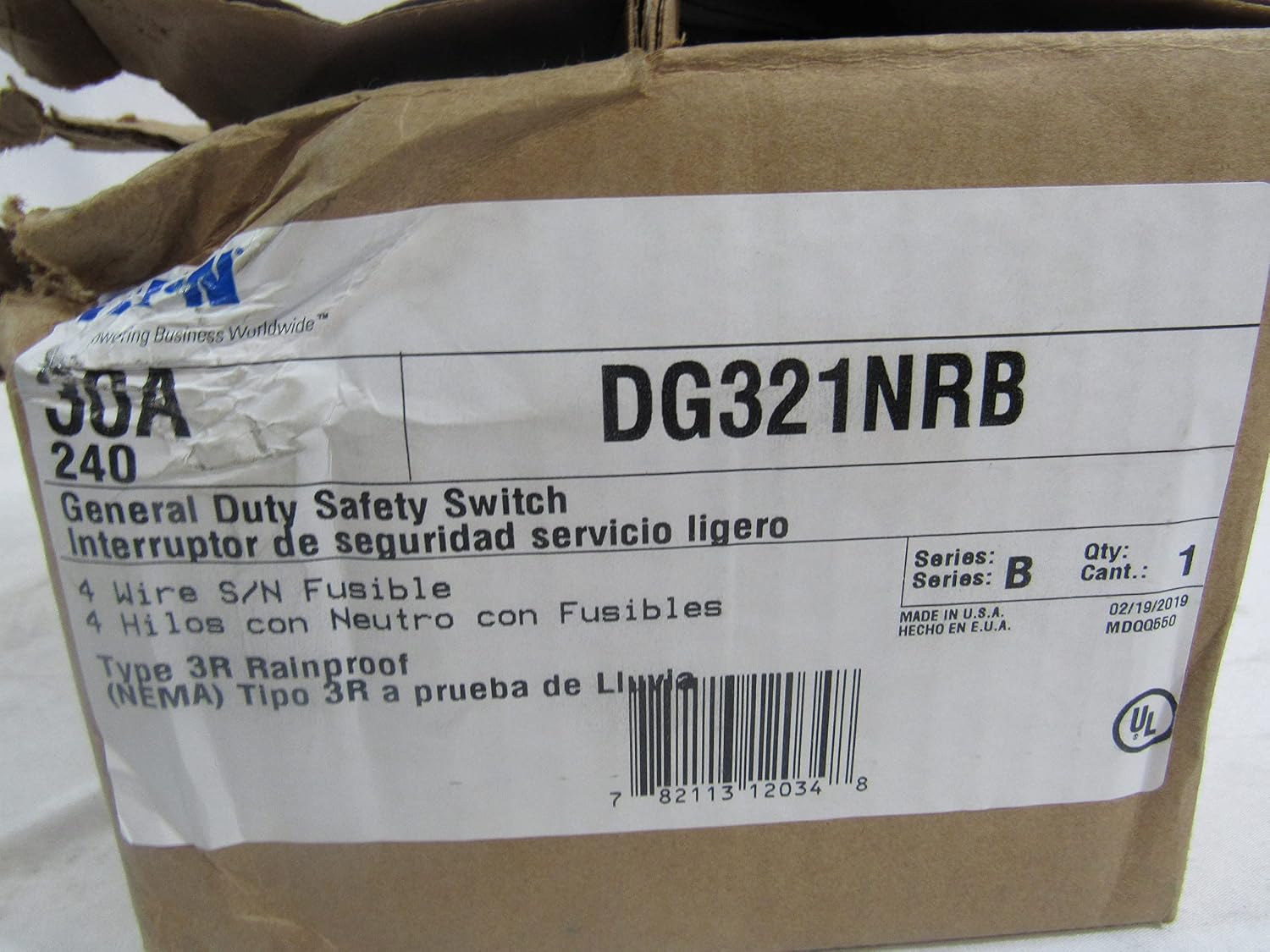 Eaton Cutler-Hammer DG321NRB Fusible Safety Switch, NEMA-3R, 30A, 240V, 4-Wire