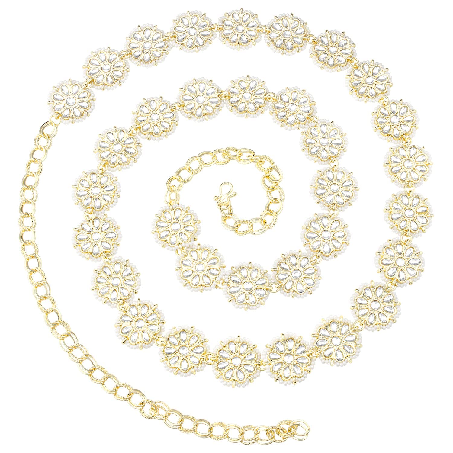 Light Gold Plated Traditional Kundan Adjustable Pearl Kamarband/Belly Chain/Kandora/Wait Belt For Women