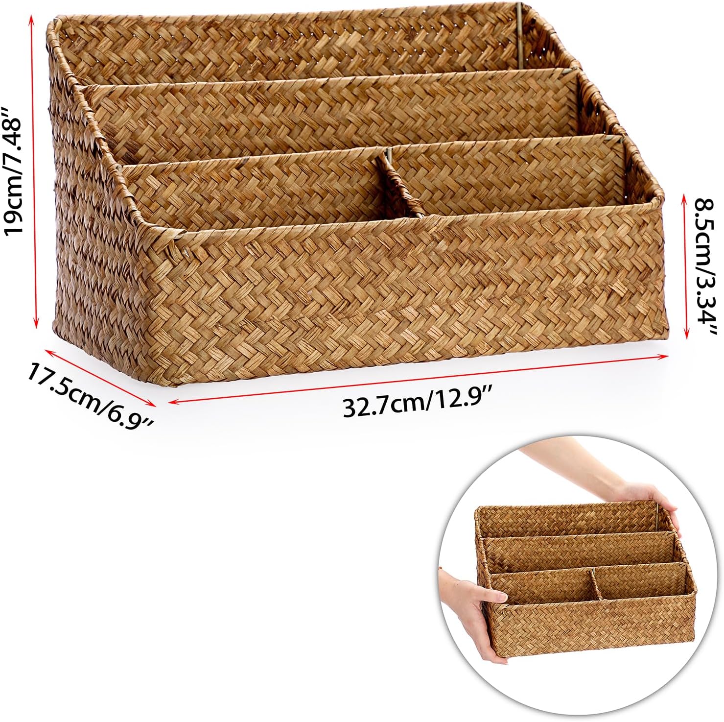 BTSKY Woven Storage Basket Natural Seagrass Vertical Wicker Storage Baskets with 4 Compartments Desk Organizers and Storage Magazine File Holder Home Office Supplies Sorter Rack, Caramel