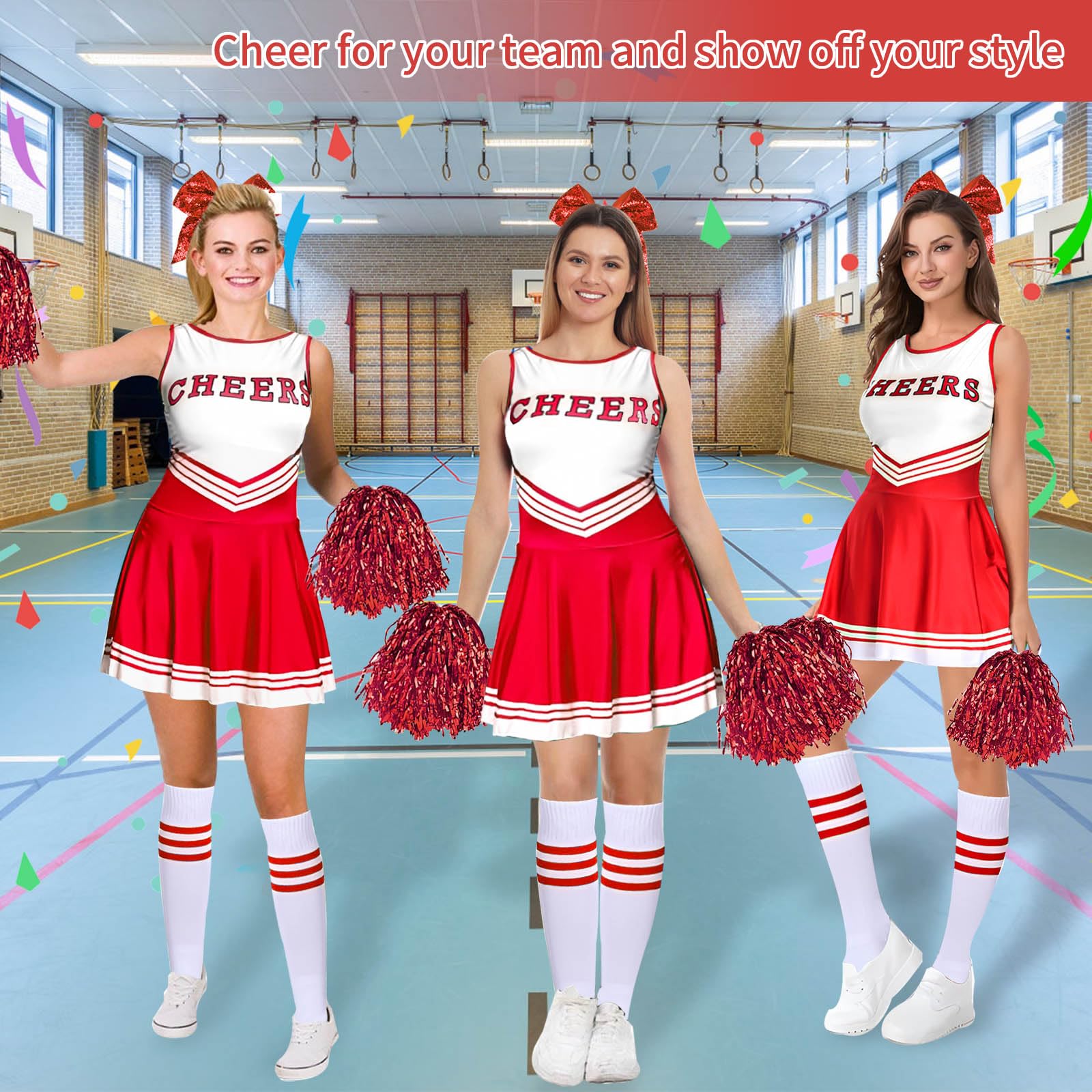 GUBOOM Vestito Cheerleader Costume, Cheerleader Costume Donna Con Pompon, Calzini, Fascia, Vestito Cheerleader per Feste a Tema Carnevale Cosplay in Maschera