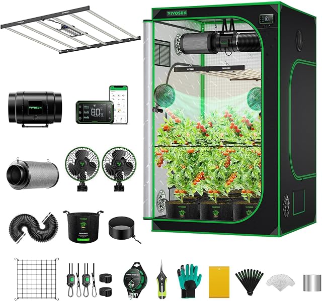 VIVOSUN GIY 5x5 Smart Grow Tent Kit WiFi-Integrated 645W LED Grow System | WiFi-Integrated Ventilation Circulation & Clip Fans, 645W Full Spectrum LED Grow Light, GrowHub E42A Controller, 60"X60X80"