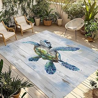 6x9 ft Outdoor Rug for Patio, Blue Sea Turtle on Vintage Wood Grain Non Slip Outside Carpet, Waterproof Mats Marine Life Area Rug for Front Door Deck Balcony Backyard Camping