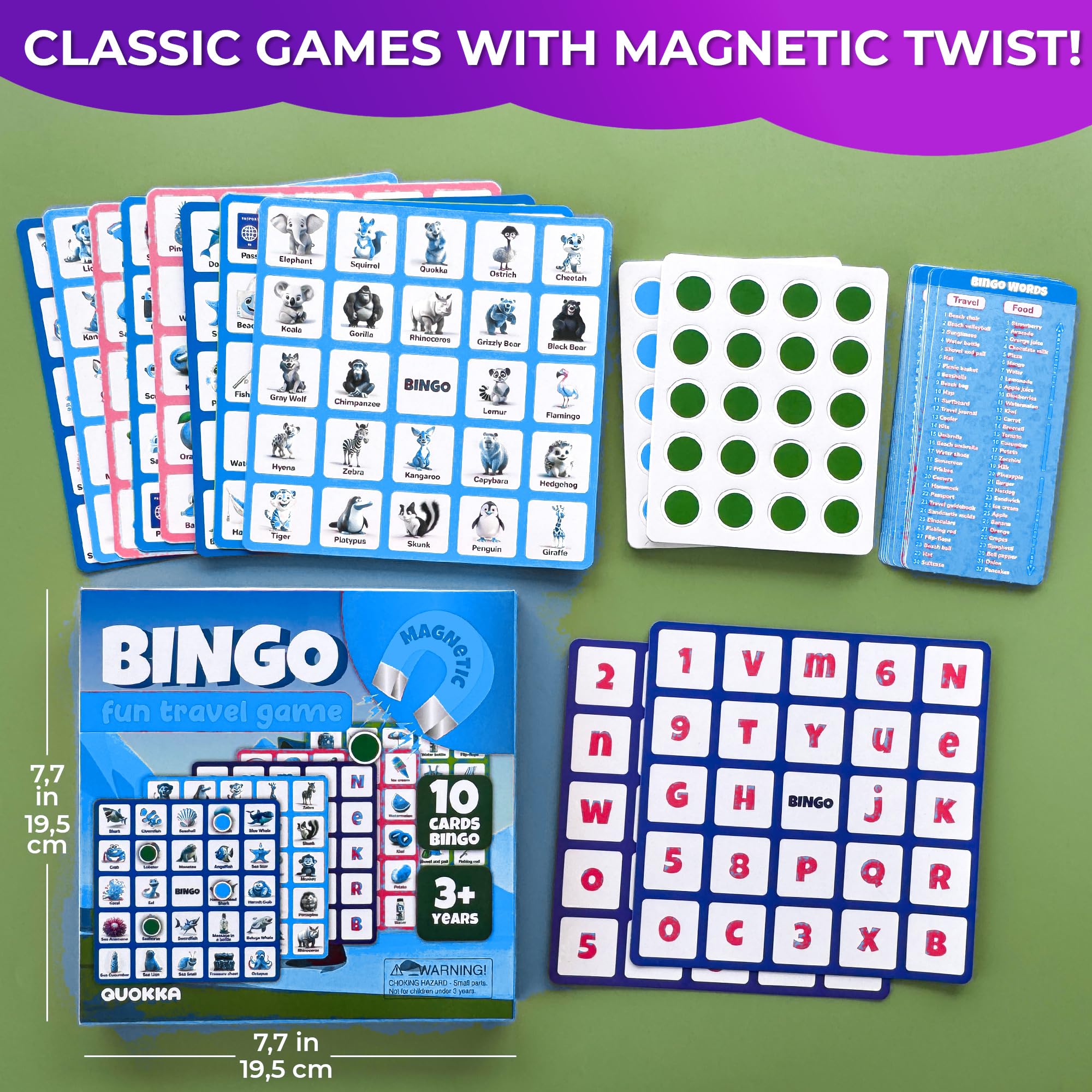 QUOKKA Bingo Gioco 3 4 5 Anni - Giochi da Viaggio Bambini 2 3 4 Anni - Mini Giochi Magnetici - Intrattenere Bambini in Aereo et Auto - 40 Fiches Magnetiche - 10 Carte Bingo con Parole