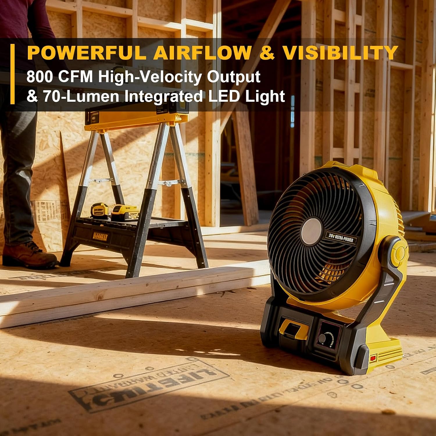 11.5" Jobsite Fan 800CFM Compatible with DeWalt 20V Max Bare Tool | Hybrid Corded/Cordless Portable Shop Fan with 70 LM LED Light & Hanging Hook for Workshops, Construction and Outdoor Projects