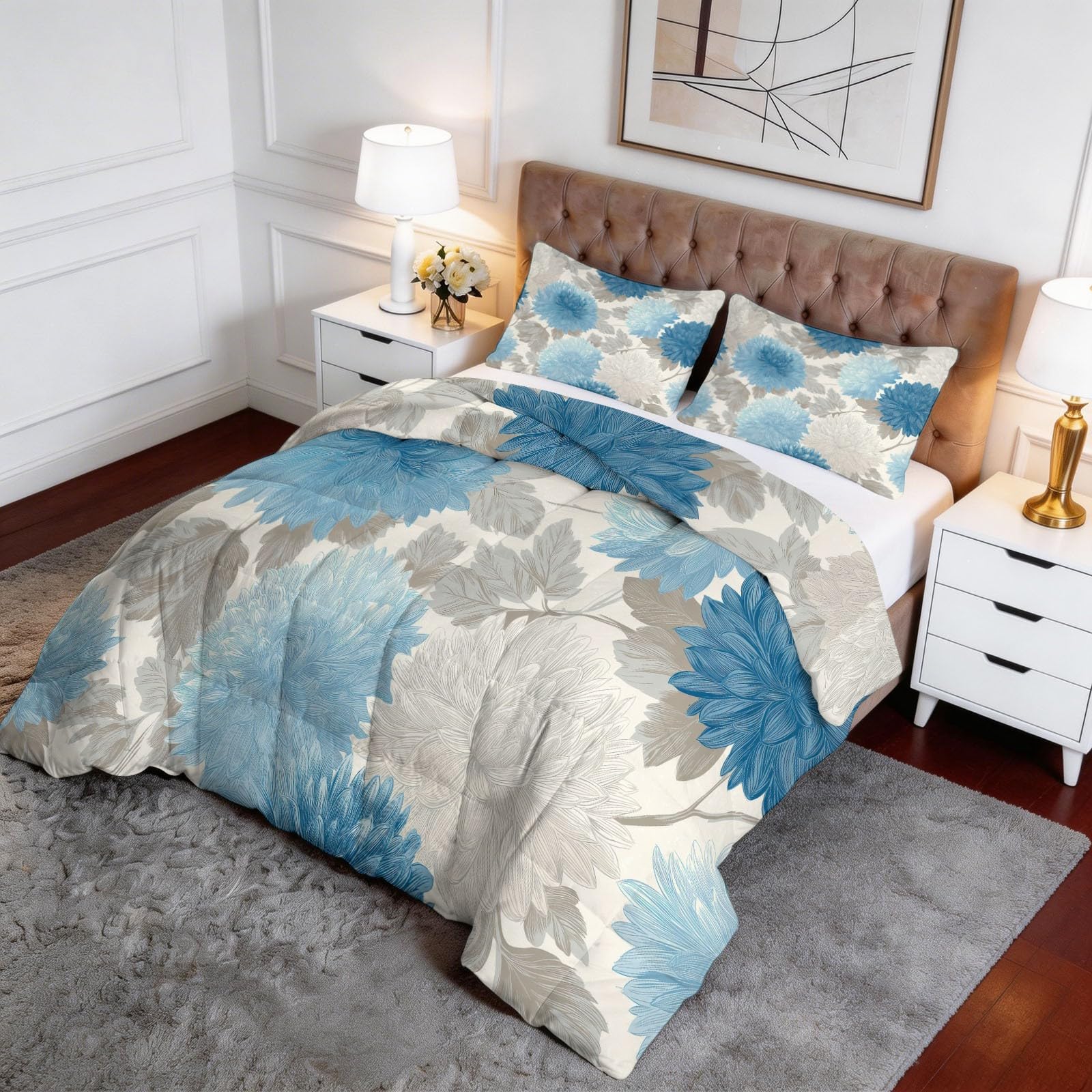 Crisantemi Blu Piumone Stampato Adulto 140 x 200 cm, Piante in Pastello Trapunta 4 Stagioni senza Copri-Guest Principale Edredon Trapunte Trapuntate Reversibili Calde