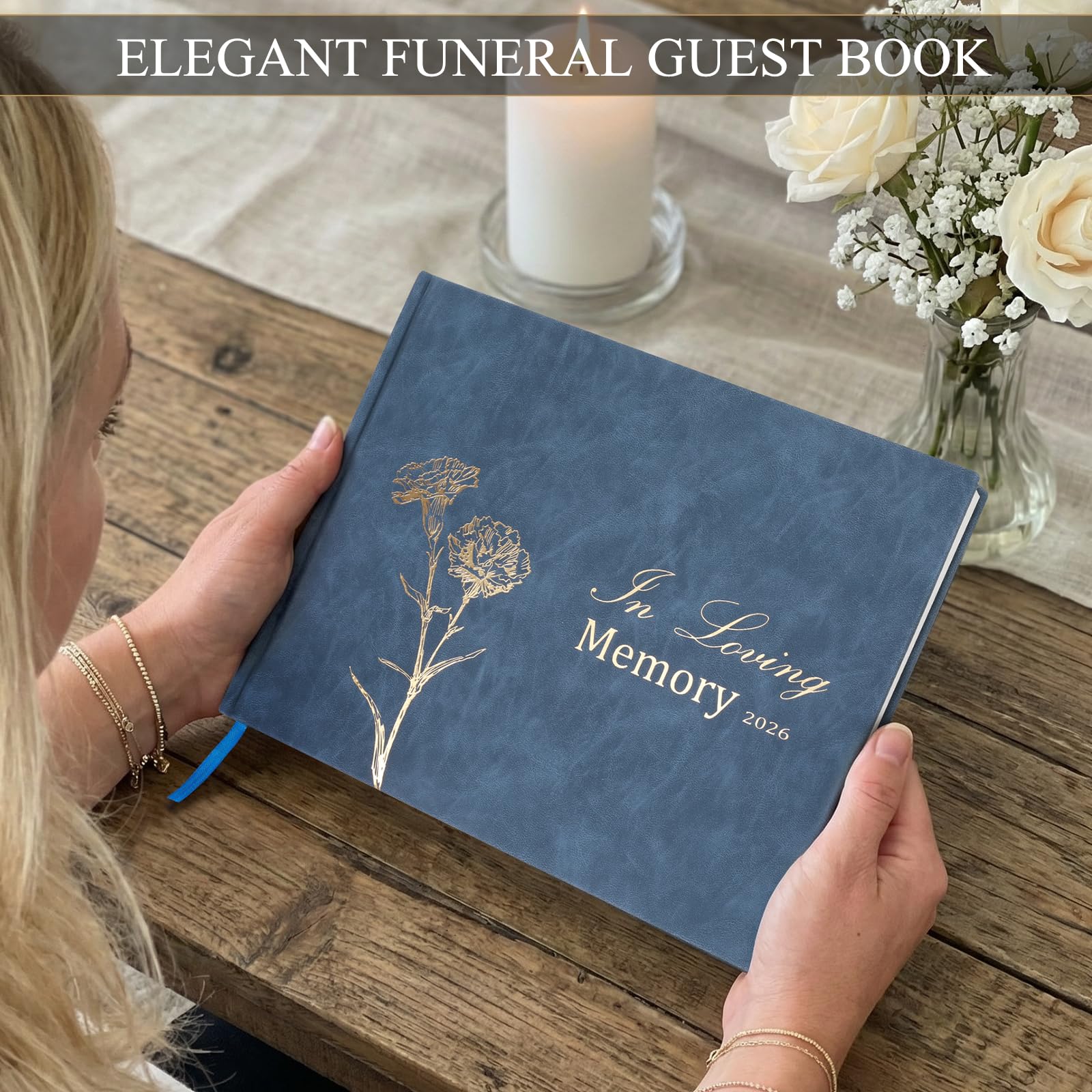Juego de libro de invitados funerario con caja de recuerdos de madera, incluye 50 tarjetas de memoria en blanco, tarjeta de mesa de memoria, tarjeta de instrucciones, caja de tarjetas y libro de