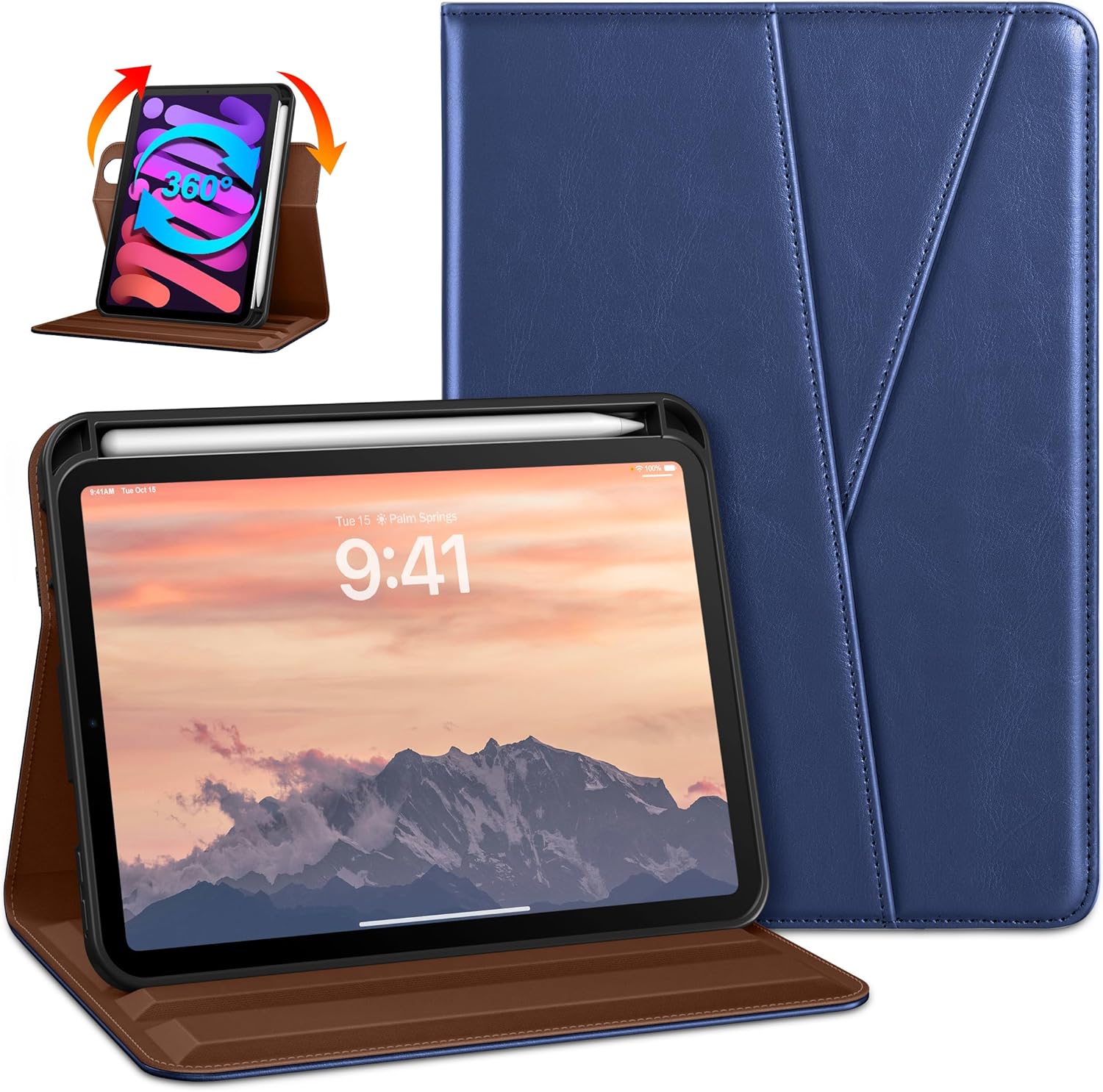 DTTO Rotating Case for iPad mini 7(A17 Pro) 2024 / iPad mini 6 2021, 360 Degree Swiveling Premium Leather Folio Stand Cover with Pencil Holder for iPad mini 7th/6th Generation 8.3'', Navy Blue