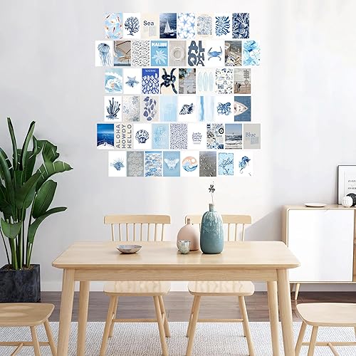 Miniatura 5 de Arte de pared de surf costero de playa, juego de 50 pósteres e impresiones de collage sin marco, decoración de pared de playa retro azul, decoración
