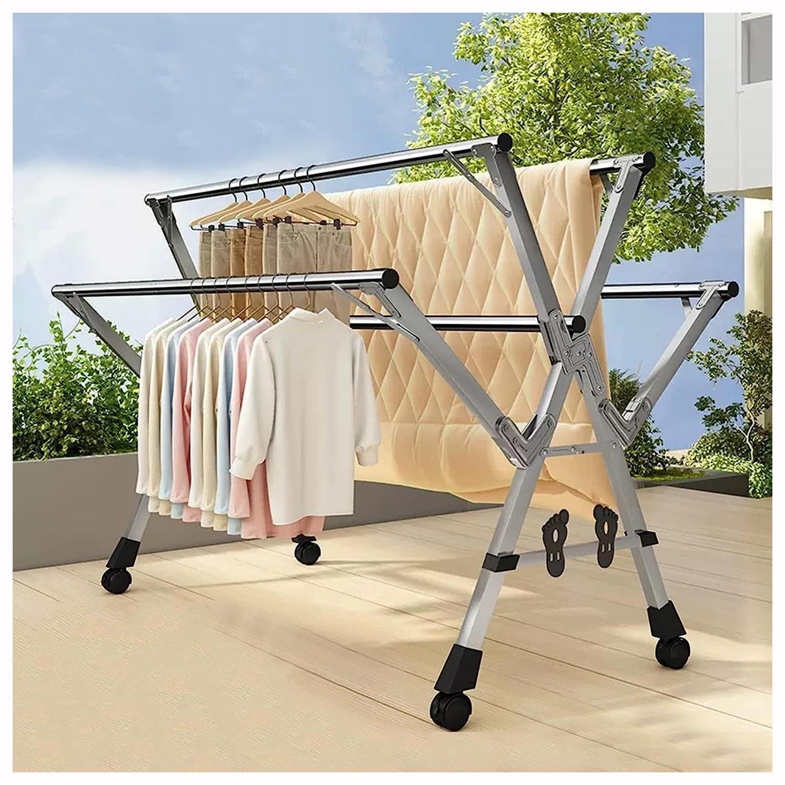 JAMCHE Stainless Steel Space-Saving Laundry Rack, Clothes Drying Rack Folding Indoor, Collapsible Portable Laundry Racks for Drying Clothes,A-2.4m