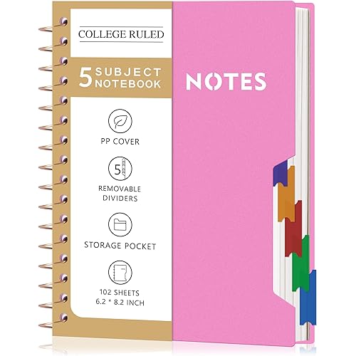 CAGIE Small Spiral Notebooks with Removable Dividers Tabs, 5 Subject Notebook College Ruled, A5 Notebooks for School Work with Plastic Cover, Back Pocket, Spiral Bound, Pink