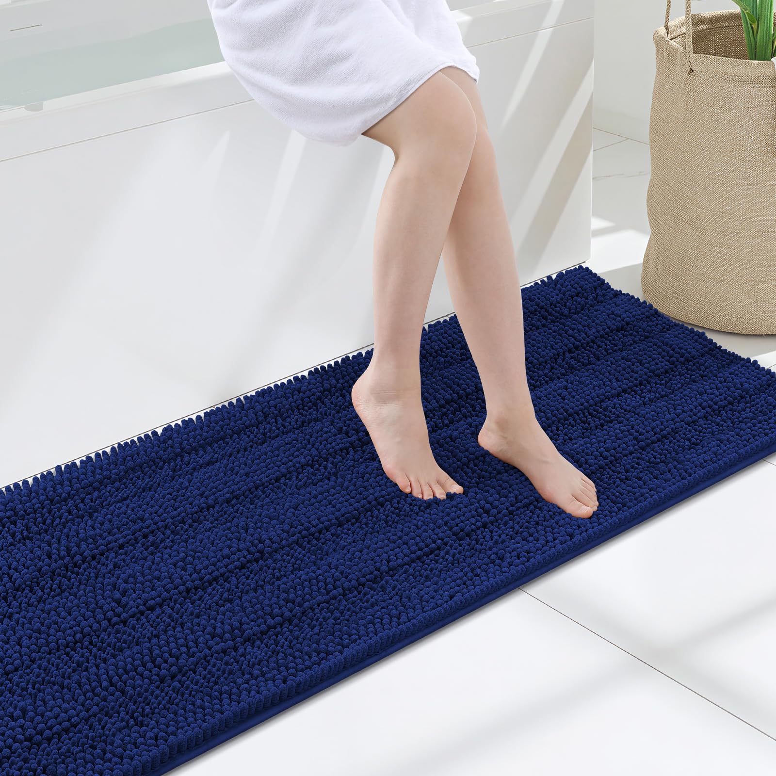 Grandaily Chenille Bathroom Rugs 47x17, Soft Absorbent Bath Mats, Navy Blue
