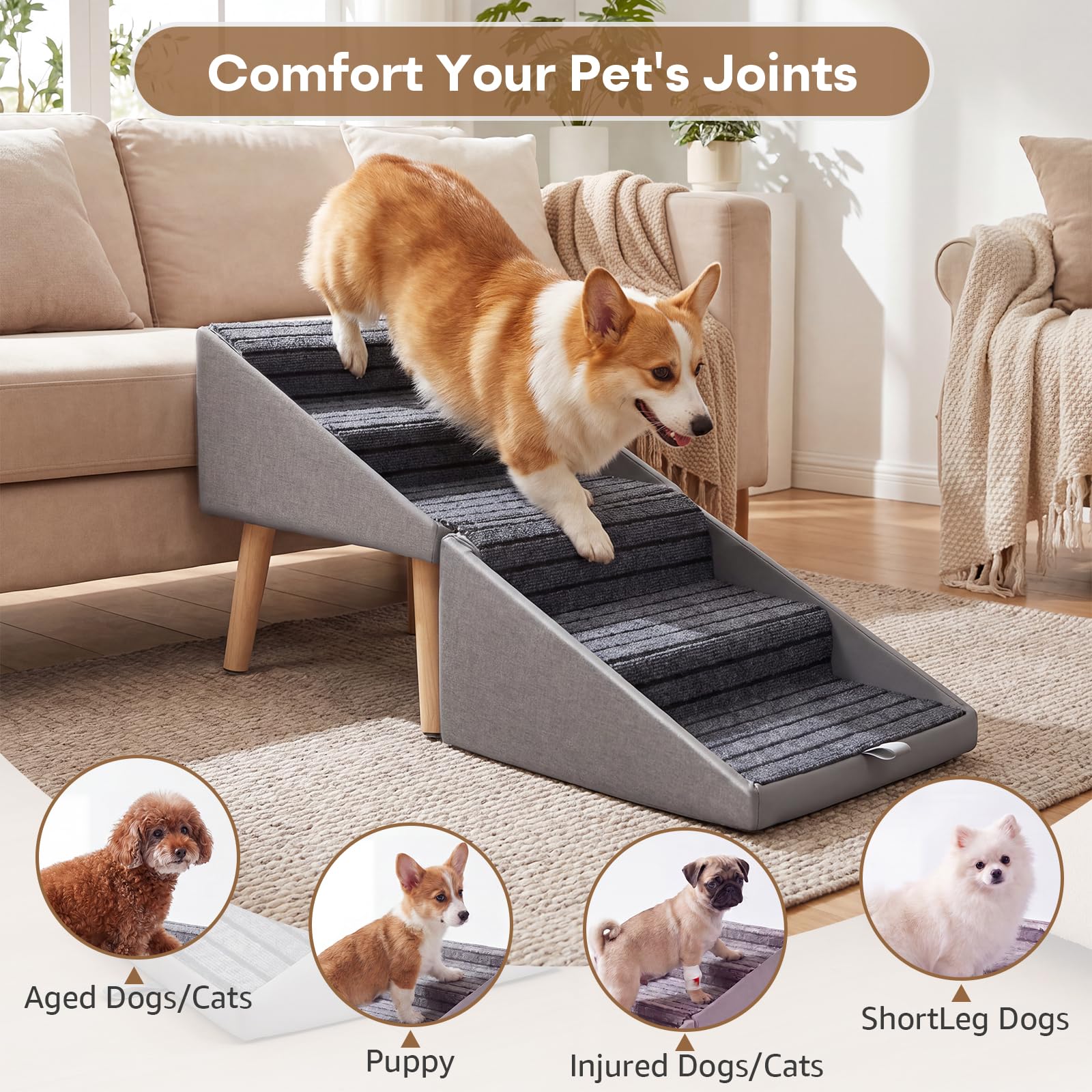 Scaletta per cani, Rampa per cani Antiscivolo e Pieghevole in Legno, Altezza 42,5 cm, Scaletta 2 in 1 per cagnolini e gatti, Adatta per Letto e Divano,scalette per cane,Grigio chiaro