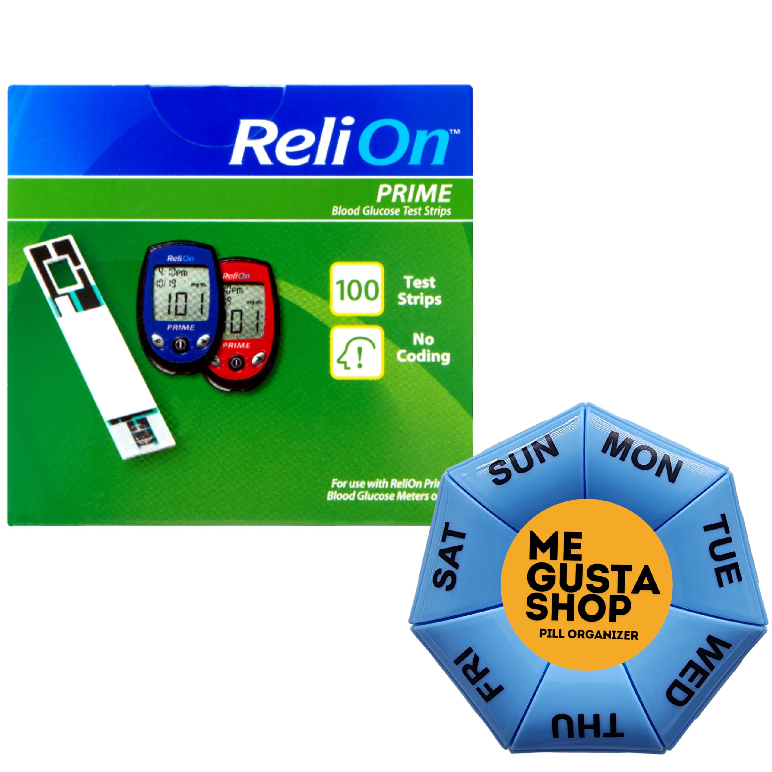 ReliOn Prime Blood Glucose Test Strips, 100 Ct Includes Pill Organizer