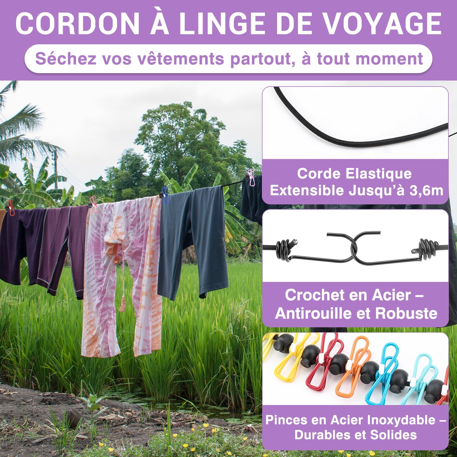 Sac Lave-Linge Manuel et Corde à Linge Rétractable - Sac de Voyage et Lavage Portable - Machine à Laver de Camping Durable