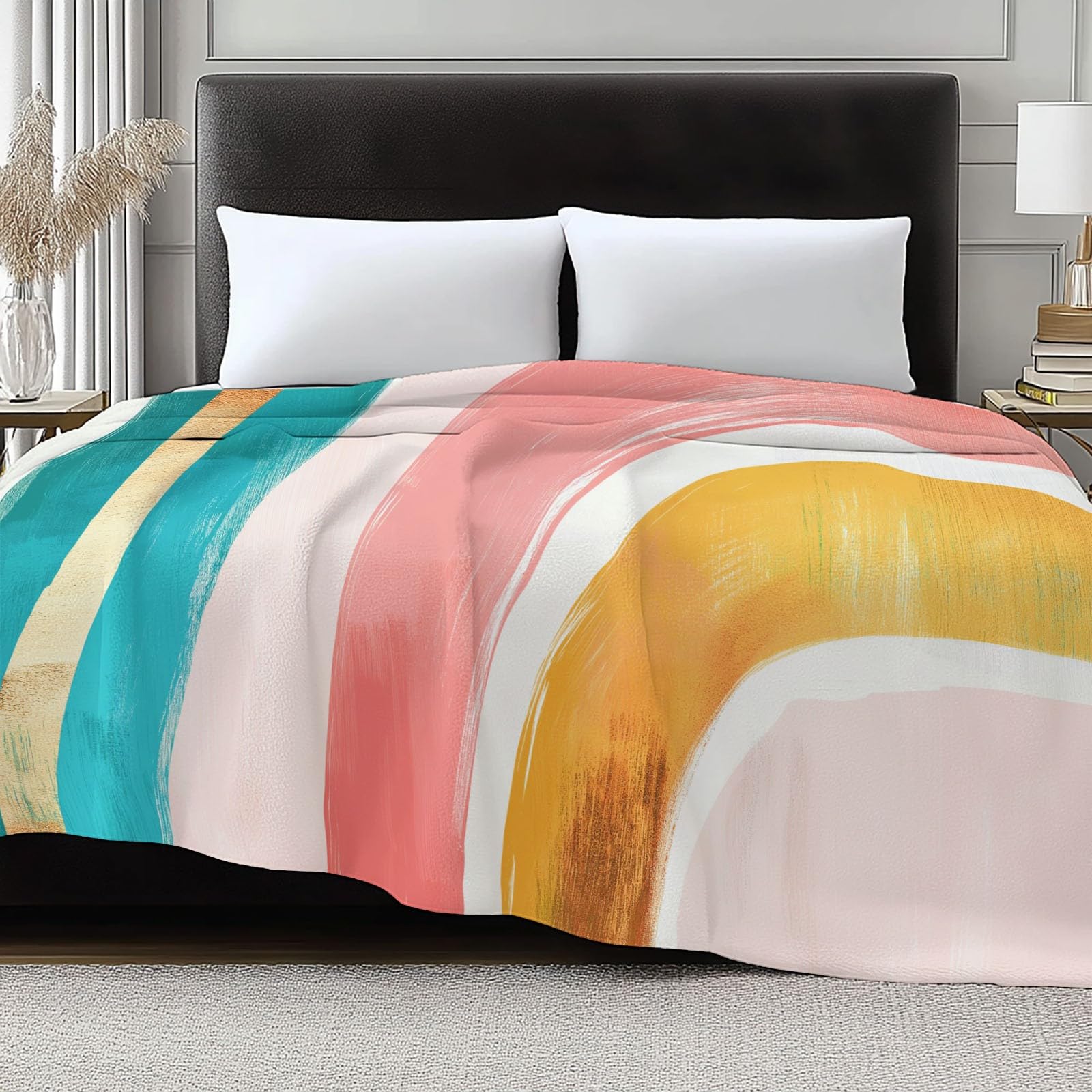 Manta de franela con líneas de arco iris bohemio 220 x 240 cm, manta de forro polar de microfibra polar para todas las estaciones para viajes, sofá para viajes, cama de sofá, niños adultos, color