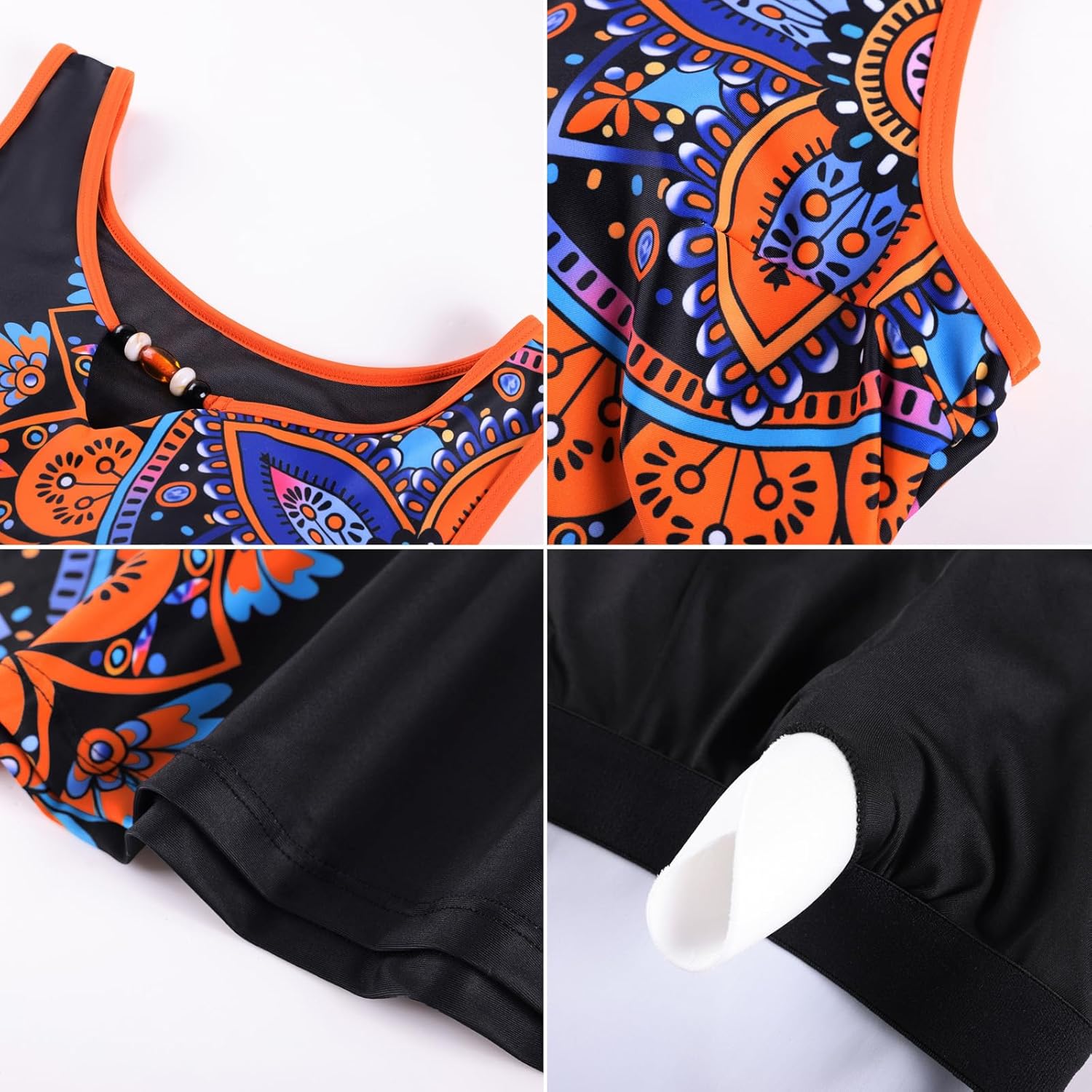 Hanna Nikole Women 2 Piece Tankini Swimsuits, Modest Bathing Suit, Beads V Neck Swimwear with Sporty Swim Shorts Pockets