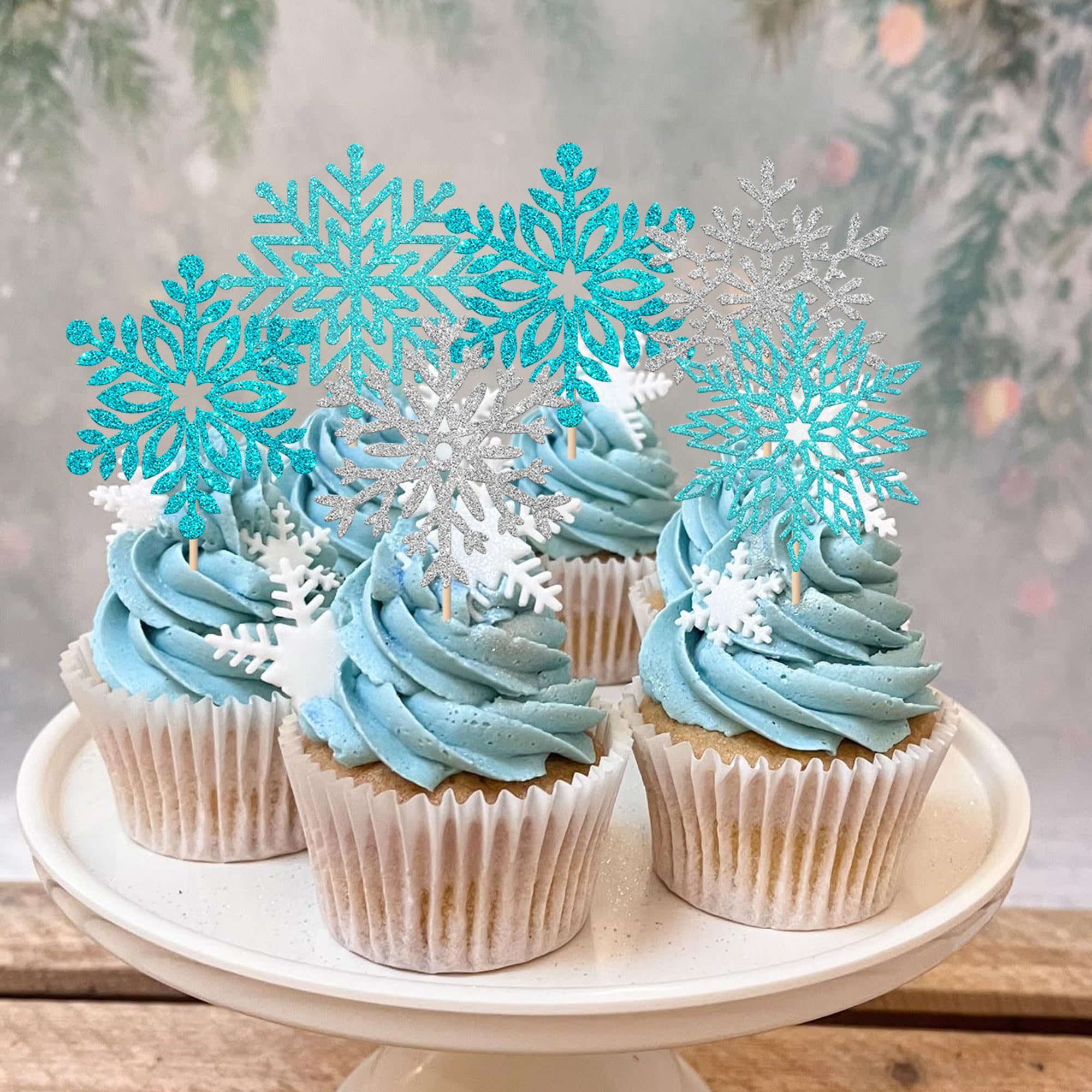 SYKYCTCY 36 Pack Snowflake Cupcake Toppers Wafer Paper Frozen Cupcake Picks Edible Snowflake Party Cake Decorations for Christmas Winter Frozen Theme Baby Shower Birthday Party Supplies Blue Silver - Image 3