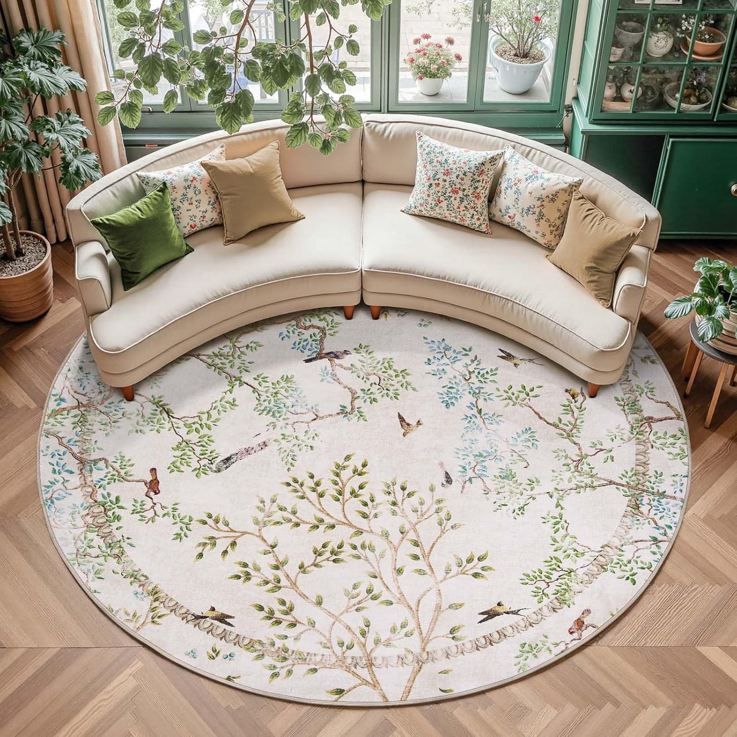 jinchan Round Rugs 8ft Ivory Botanical Birds Print Machine Washable 8' Circle Nature Plants Modern Soft Non Slip Kids Throw Area Rugs Ultra Thin Low Pile Carpet for Living Room Bedroom Dining Room 8' (Round) Natural Ivory