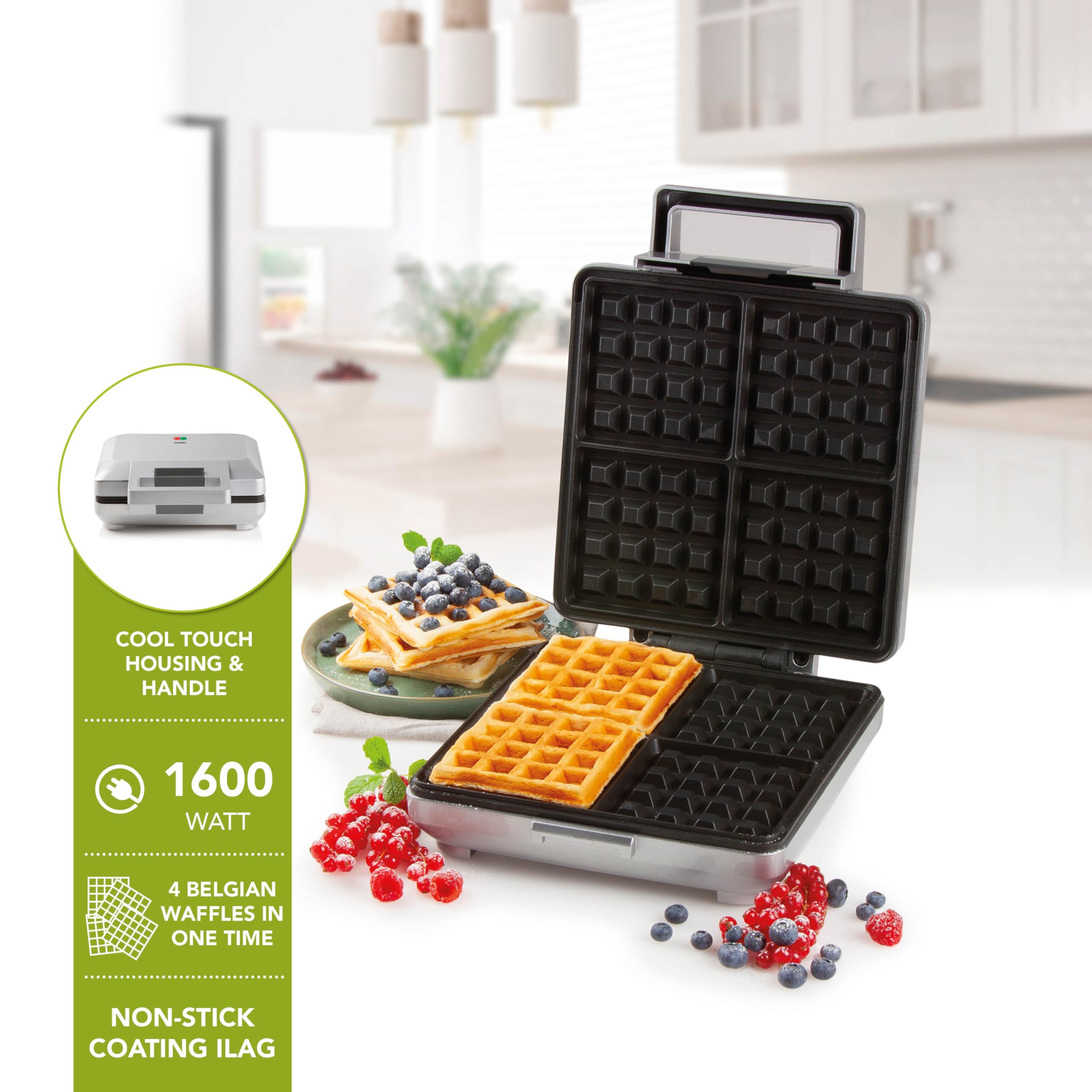 DOMO DO9250W Waffeleisen - Für 4 Quadratische Waffeln - 1600W - Antihaftbeschichtung - Silber