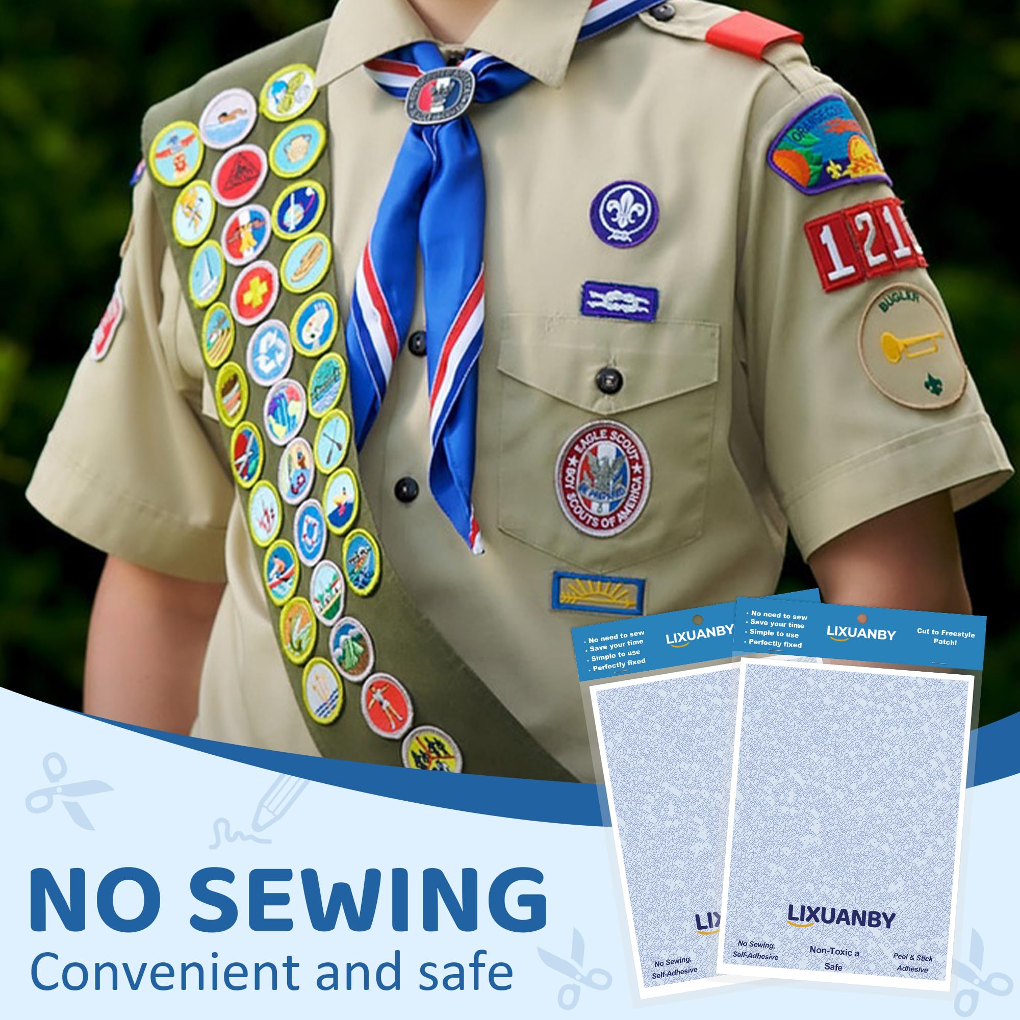 Magic Patch Adhesivo, parche mágico de doble cara, lavable, para guías de niñas y Boy Scouts, brownie, parches de ropa, tela, corte a medida, no requiere planchado ni costura