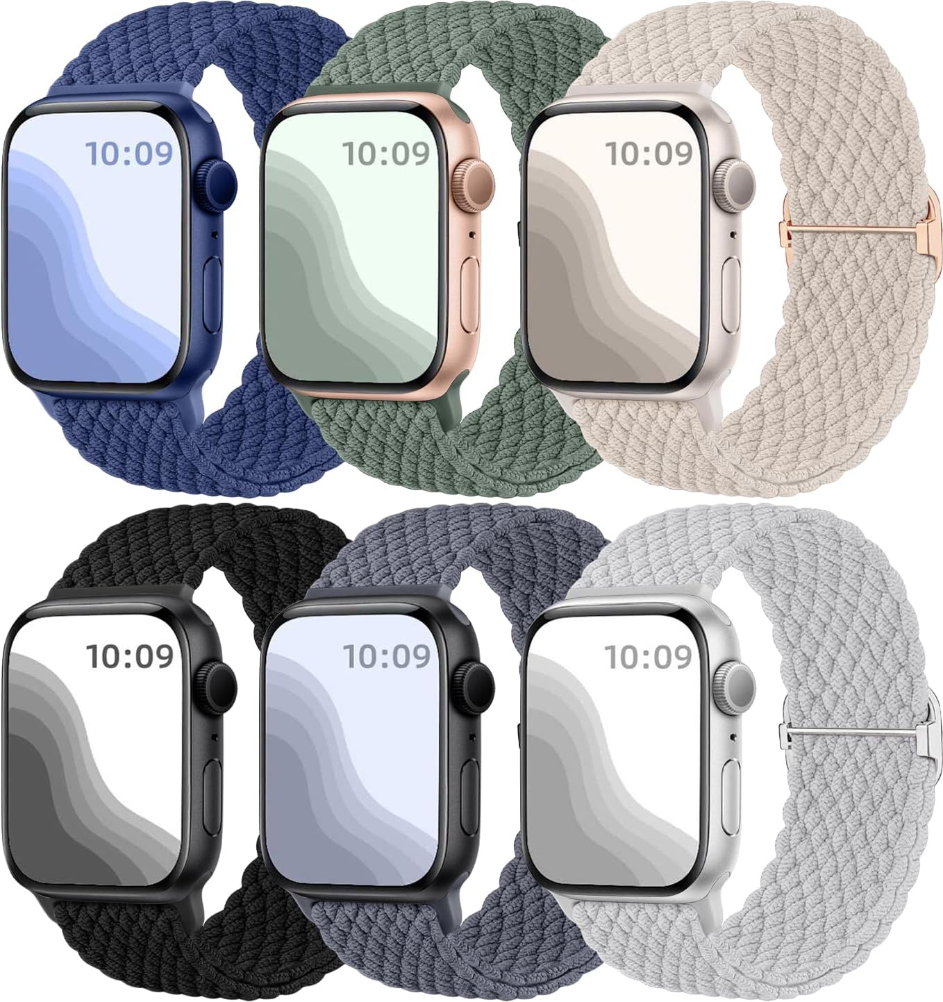 6 Pack Braided Solo Loop Compatible with Apple Watch Straps 40mm 38mm 41mm 42mm for Women Men, Adjustable Nylon Stretchy Elastic Sport Band for iWatch SE Series 11 10 9 8 7 6 5 4 3 2 1 Ultra